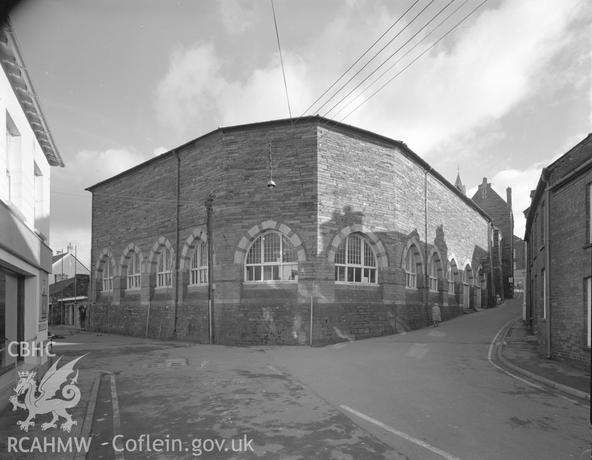 Black and white acetate negative showing exterior view of Cardigan Market Hall.