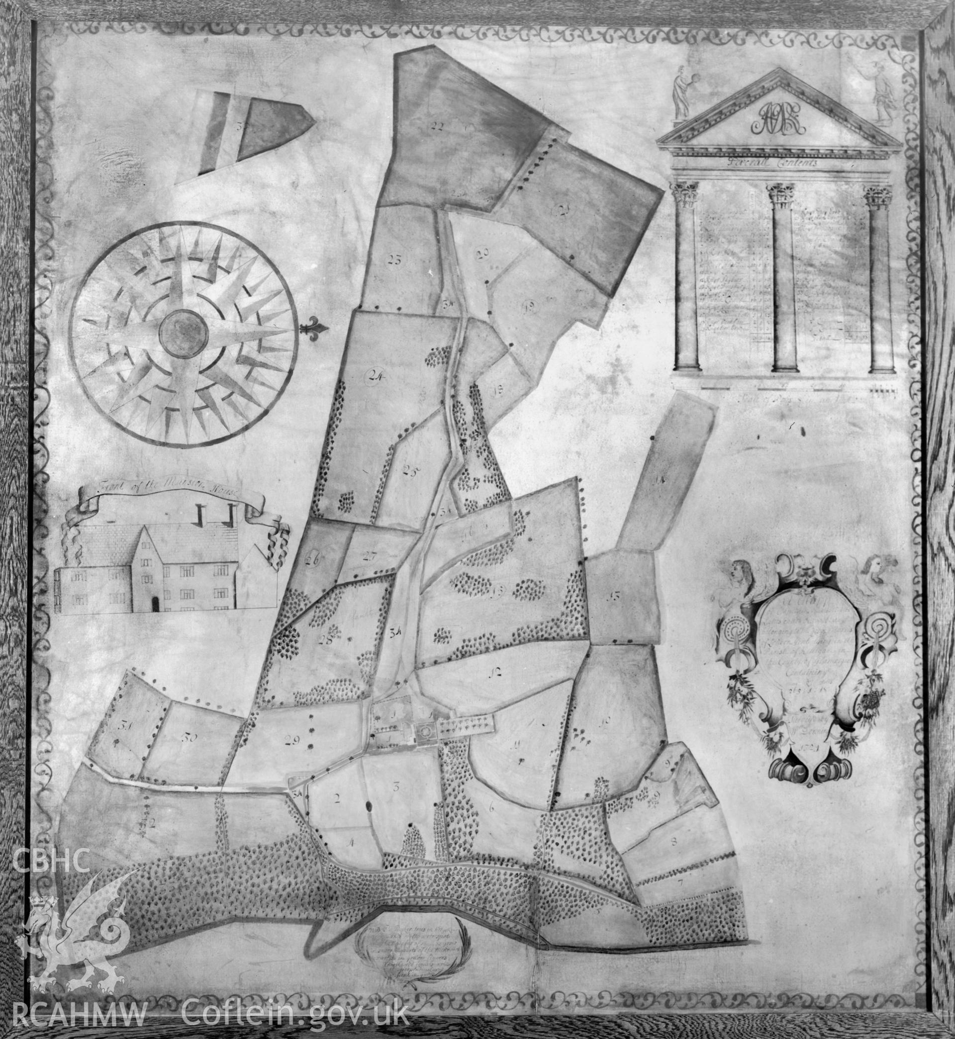 Black and white acetate negative showing 1729 estate map of Gilfach Fargoed Fawr.