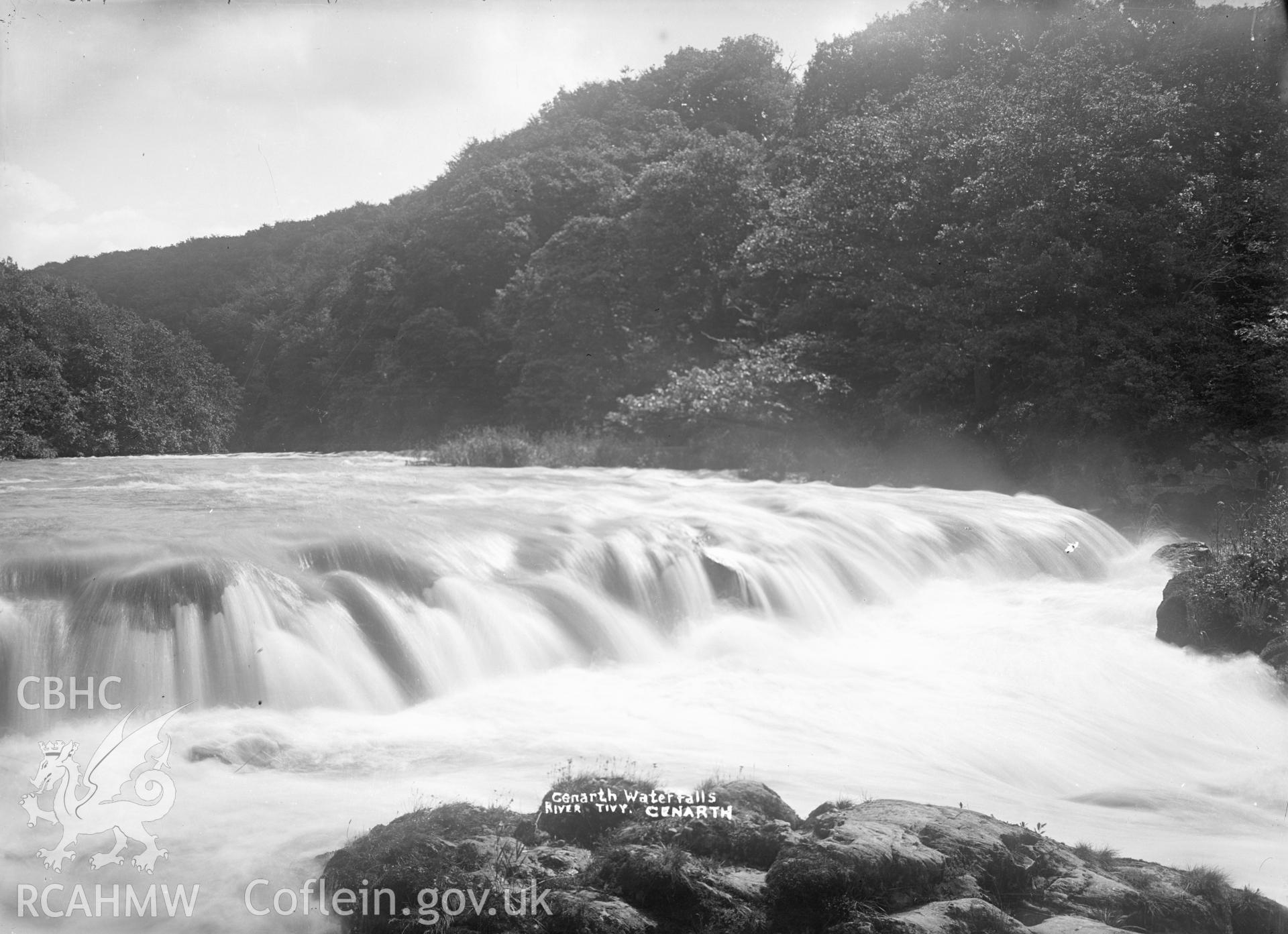 Black and white glass negative showing "Cenarth Waterfalls, River Tivy, Cenarth".