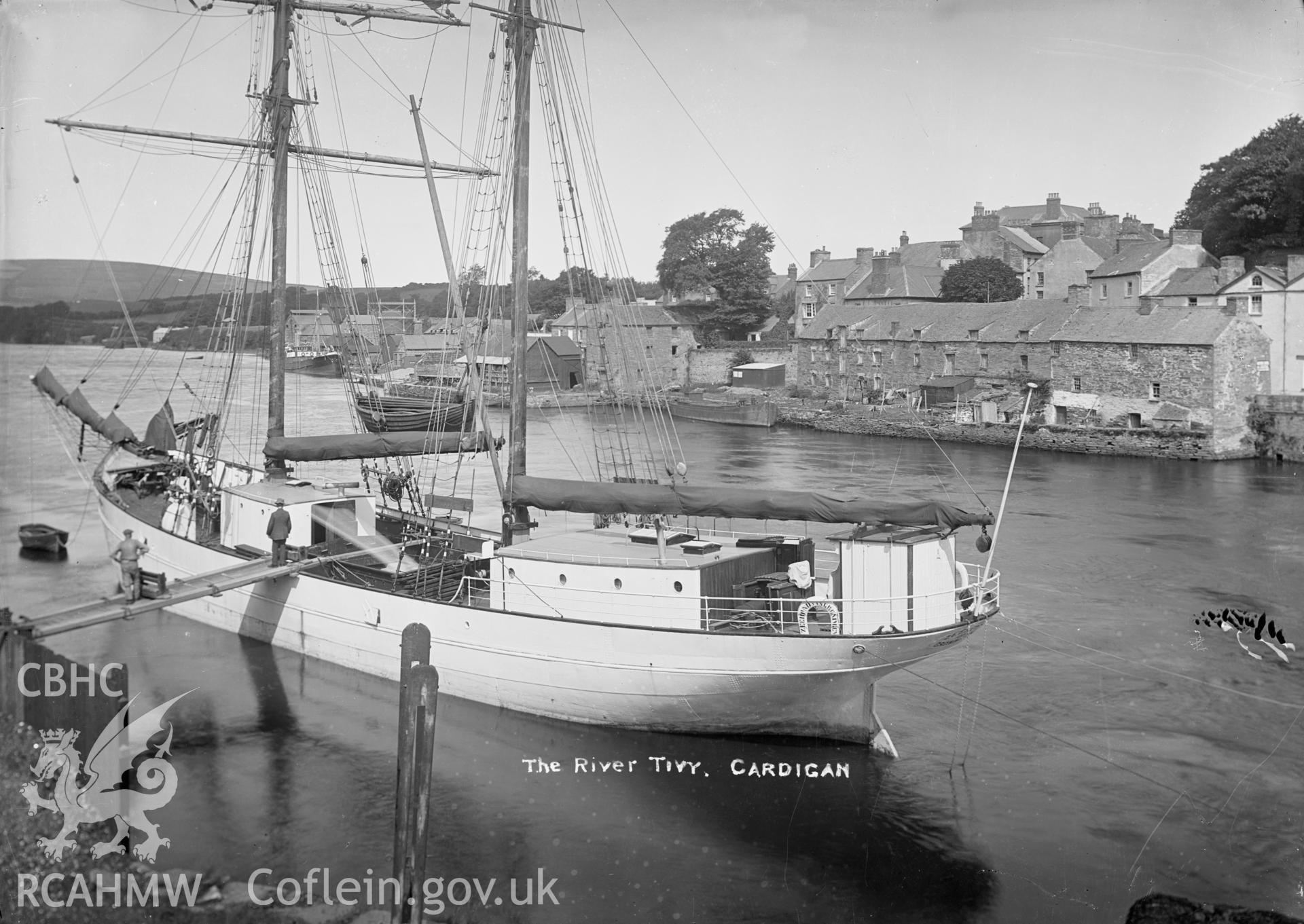 Black and white glass negative showing view of masted boat on the River Tivy, Cardigan.