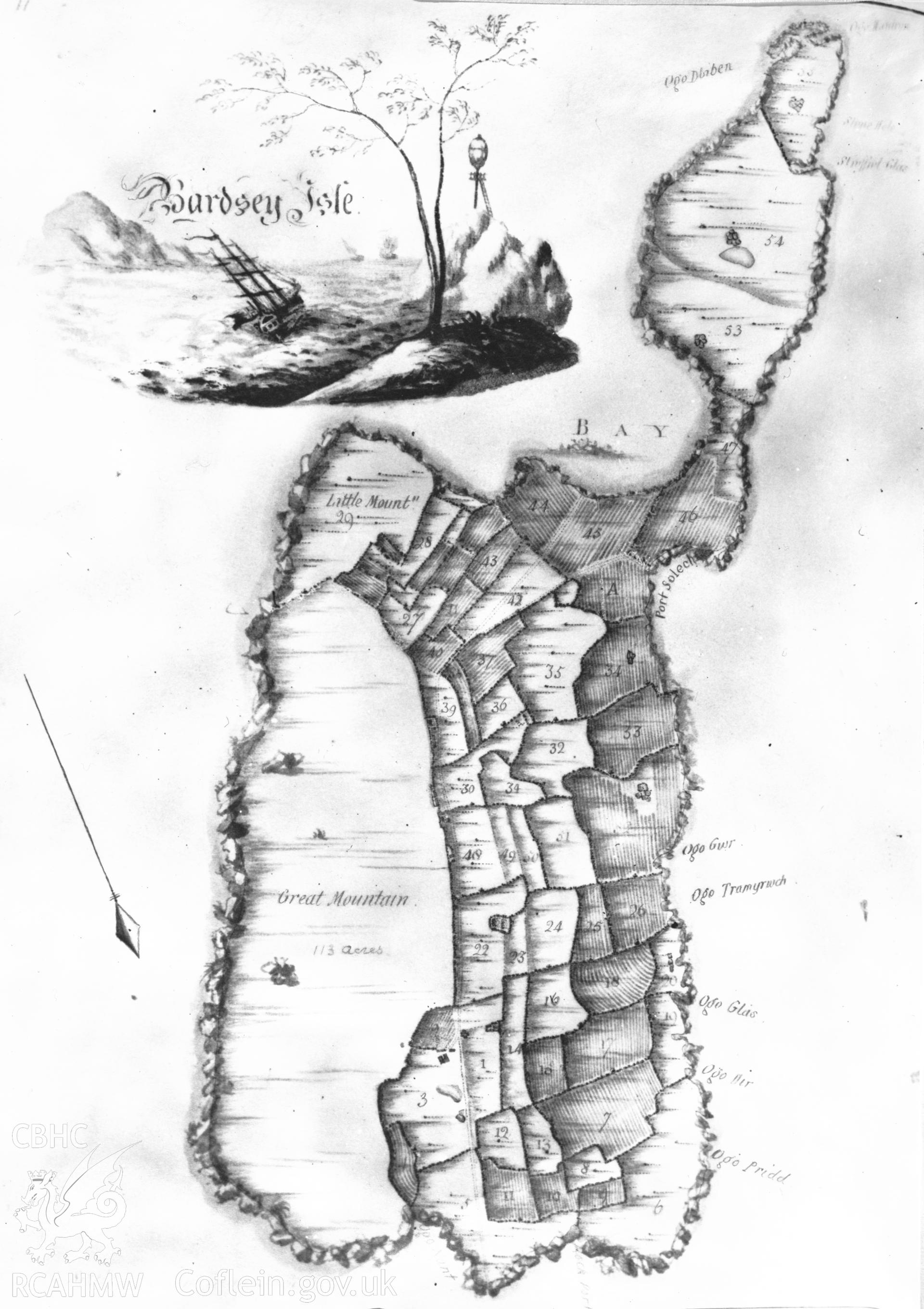 Black and white acetate negative showing an early map of Bardsey Island.