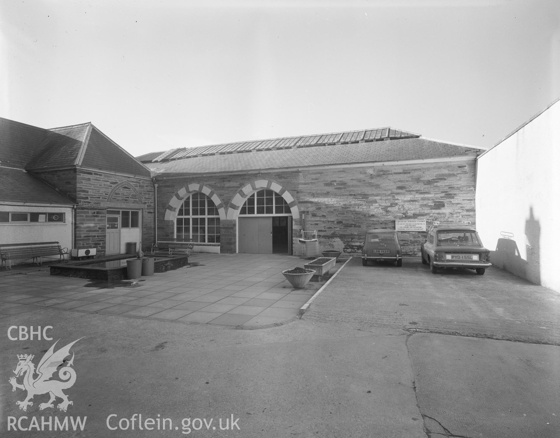 Black and white acetate negative showing exterior view of Cardigan Market Hall.