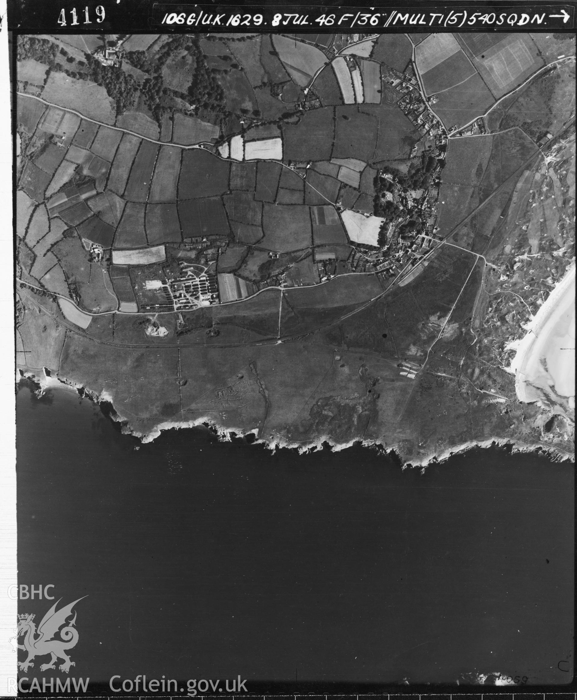 Black and white vertical aerial photograph taken by the RAF on 08/07/1946 centred on SS11619871 at a scale of 1:10000. The photograph includes part of Penally community in Pembrokeshire.