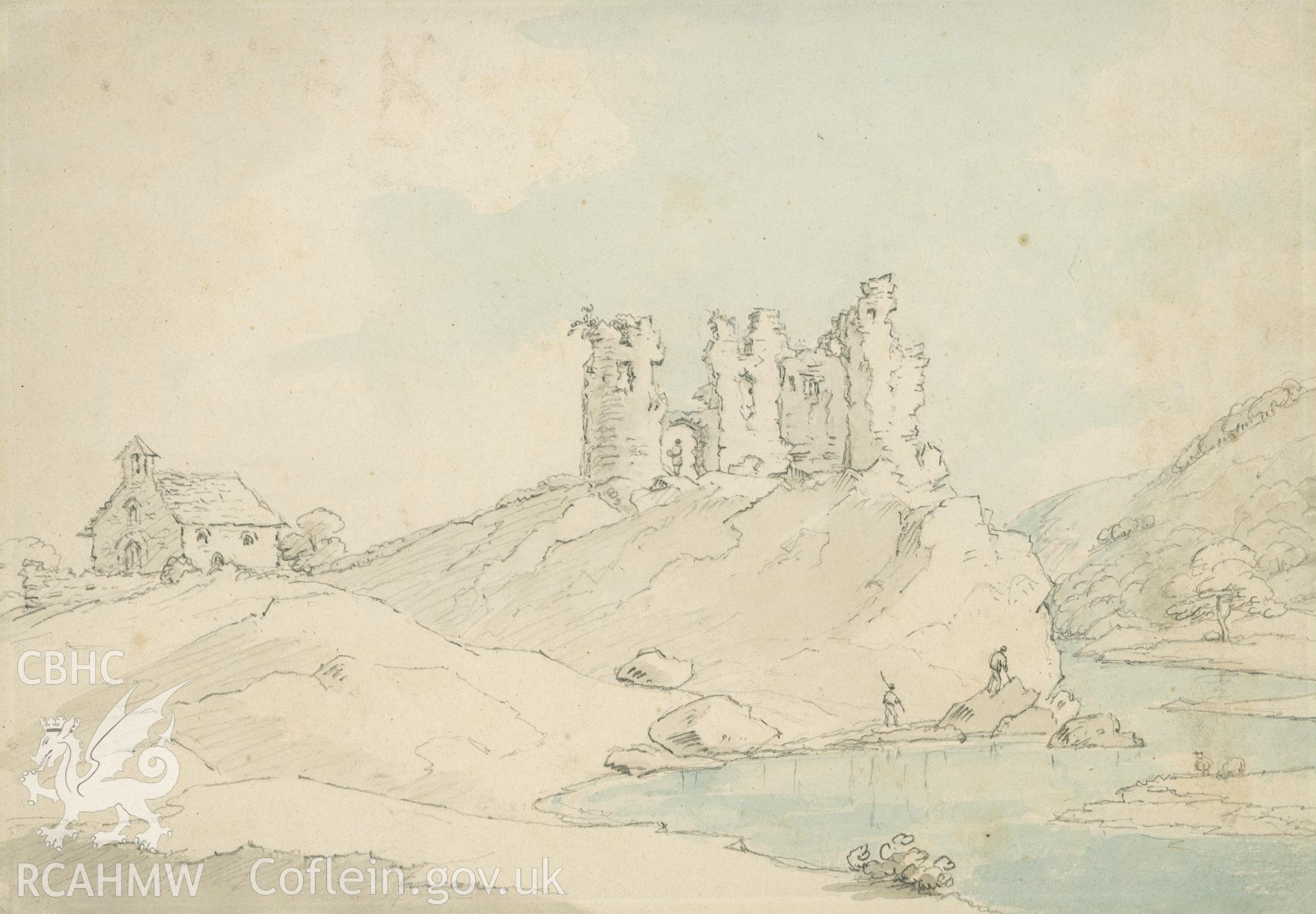 Digital copy of an ink and wash painting showing the castle and church in Newcastle Emlyn painted by Thomas Sunderland, c1800. The church was subsequently demolished and re-erected.