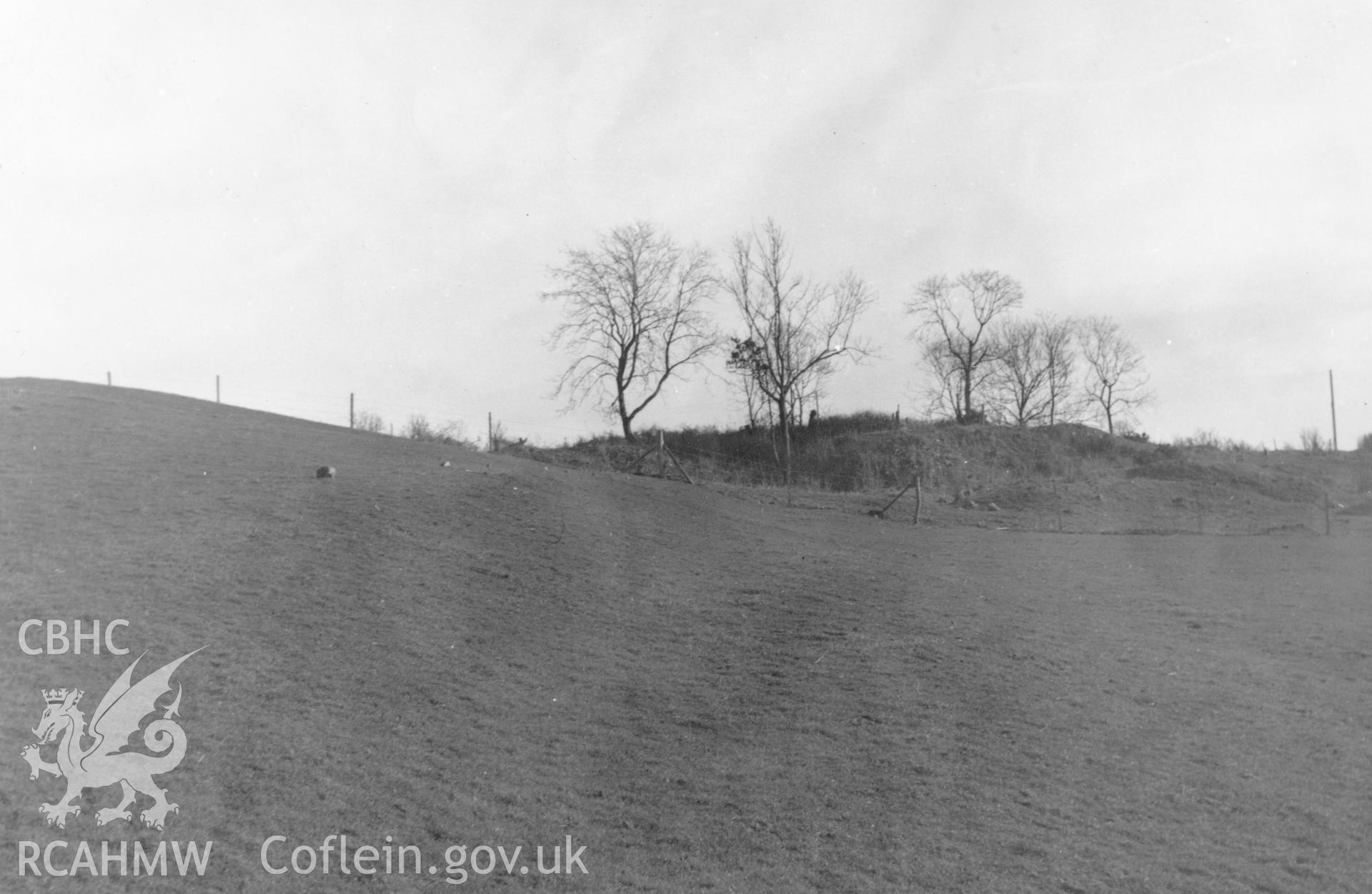 General view of archaeological feature - caption reads 'Fig.5 - bank (shown by line of stones)in field O, with Coed-y-Bryn in background.'