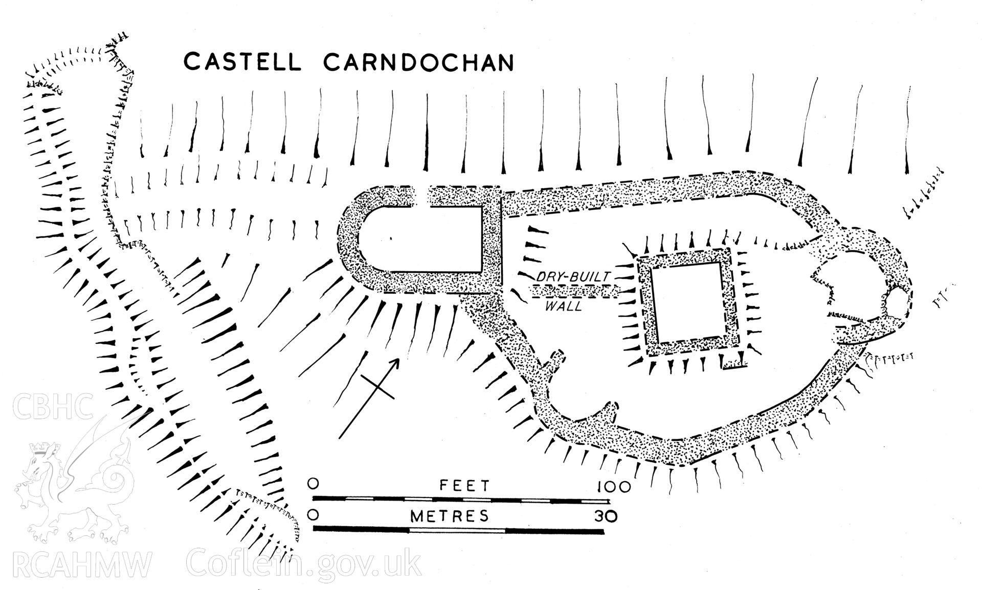 Dyeline copy of a measured plan of Castell Carndochan, produced by RCAHMW.