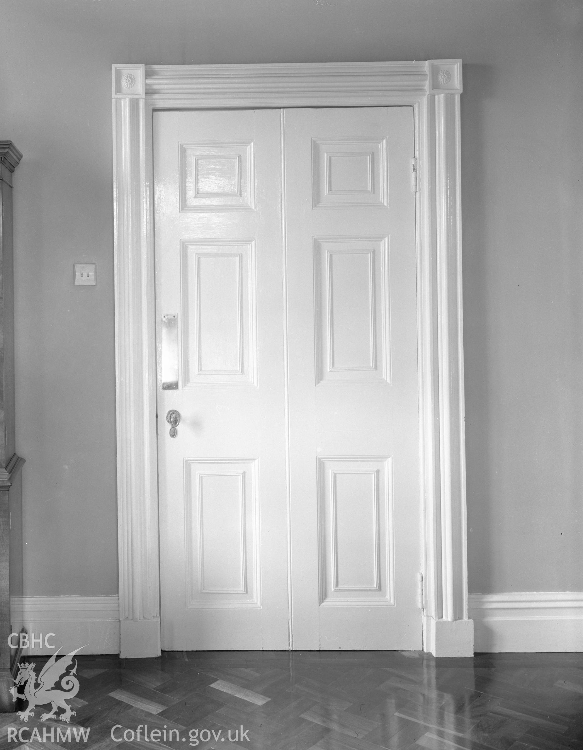 Black and white acetate negative showing an interior door at Penrice Castle.