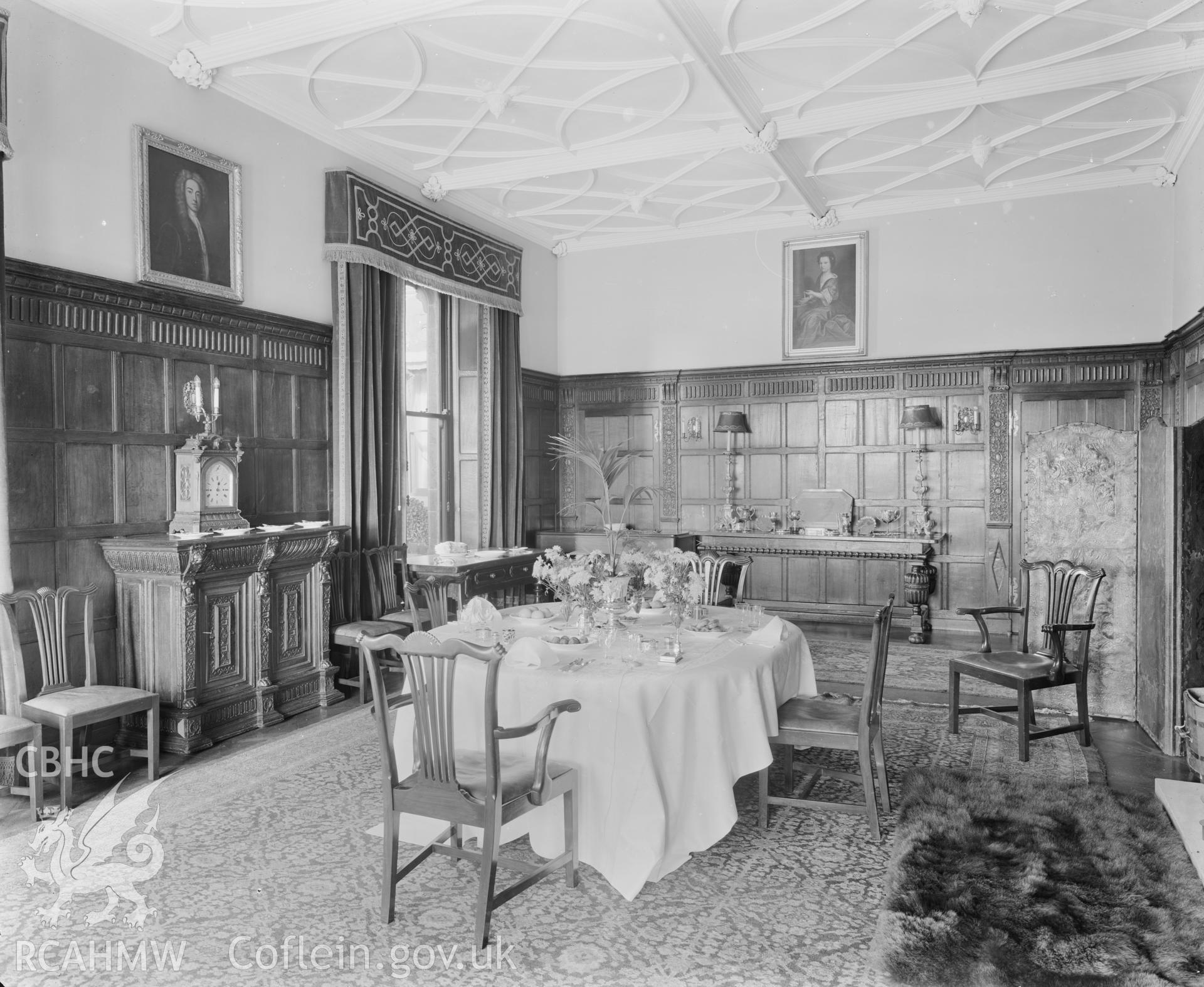 Outsize glass plate negative showing interior view of Coomb House.