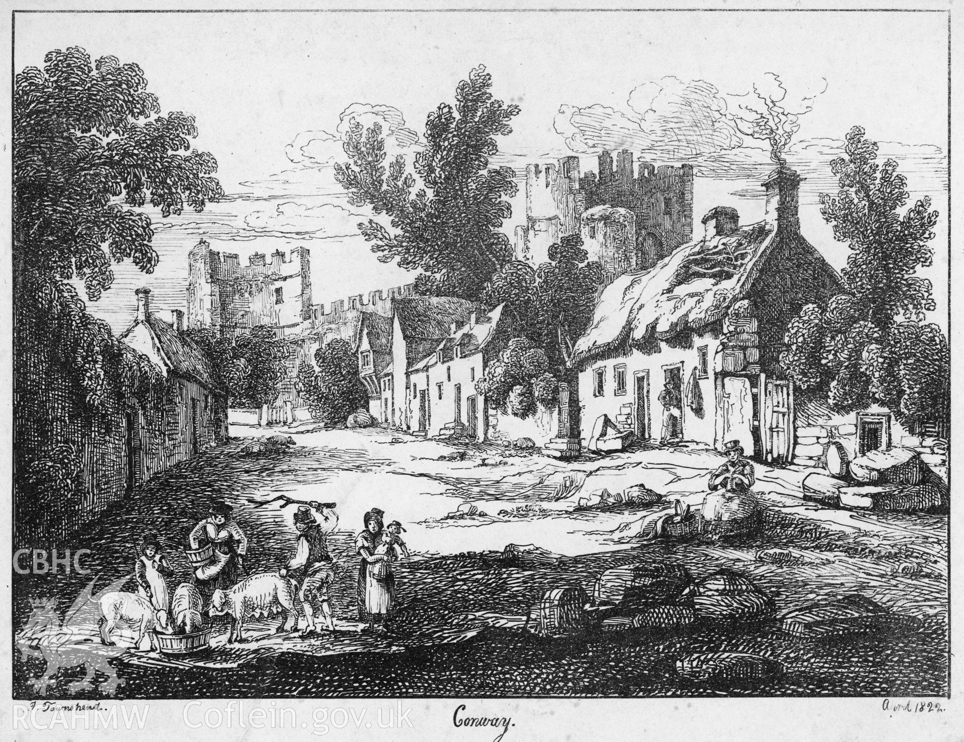 Digital copy of an engraving by John Townshend, showing street scene in Conwy, dated April 1822.