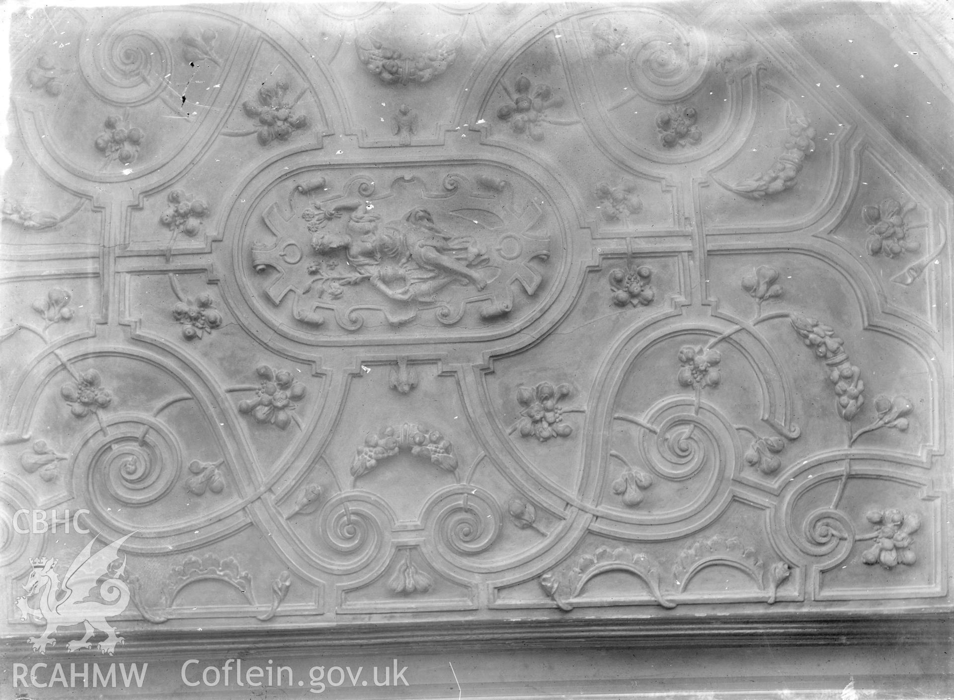 Black and white glass negative showing decorative ceiling at an unidentified location.