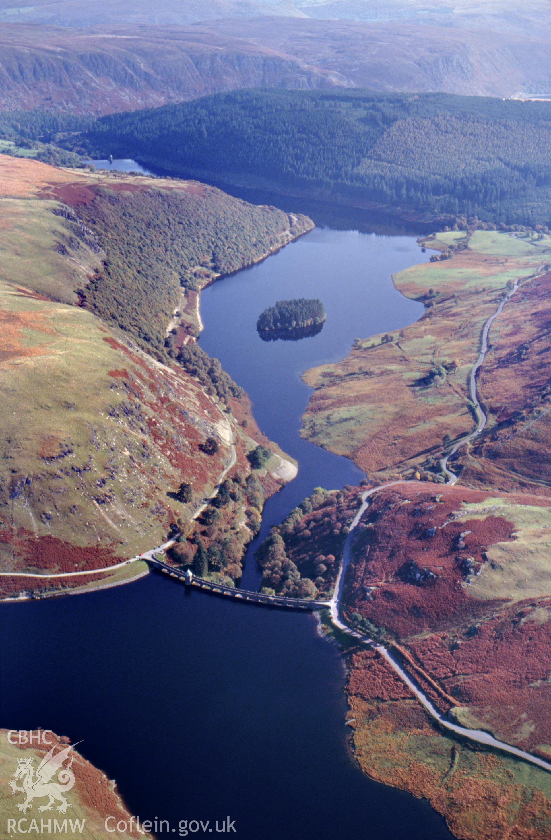 Slide of RCAHMW colour oblique aerial photograph of Craig Goch Dam, Elan Valley, taken by C.R. Musson, 13/10/1992.
