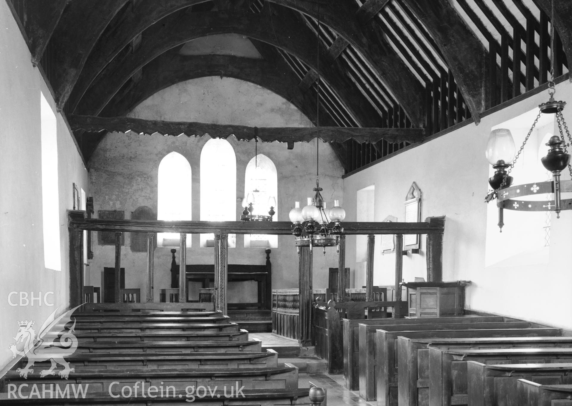 Interior view of St Brothen's Church facing east, Llanfrothen taken 07.06.1941.