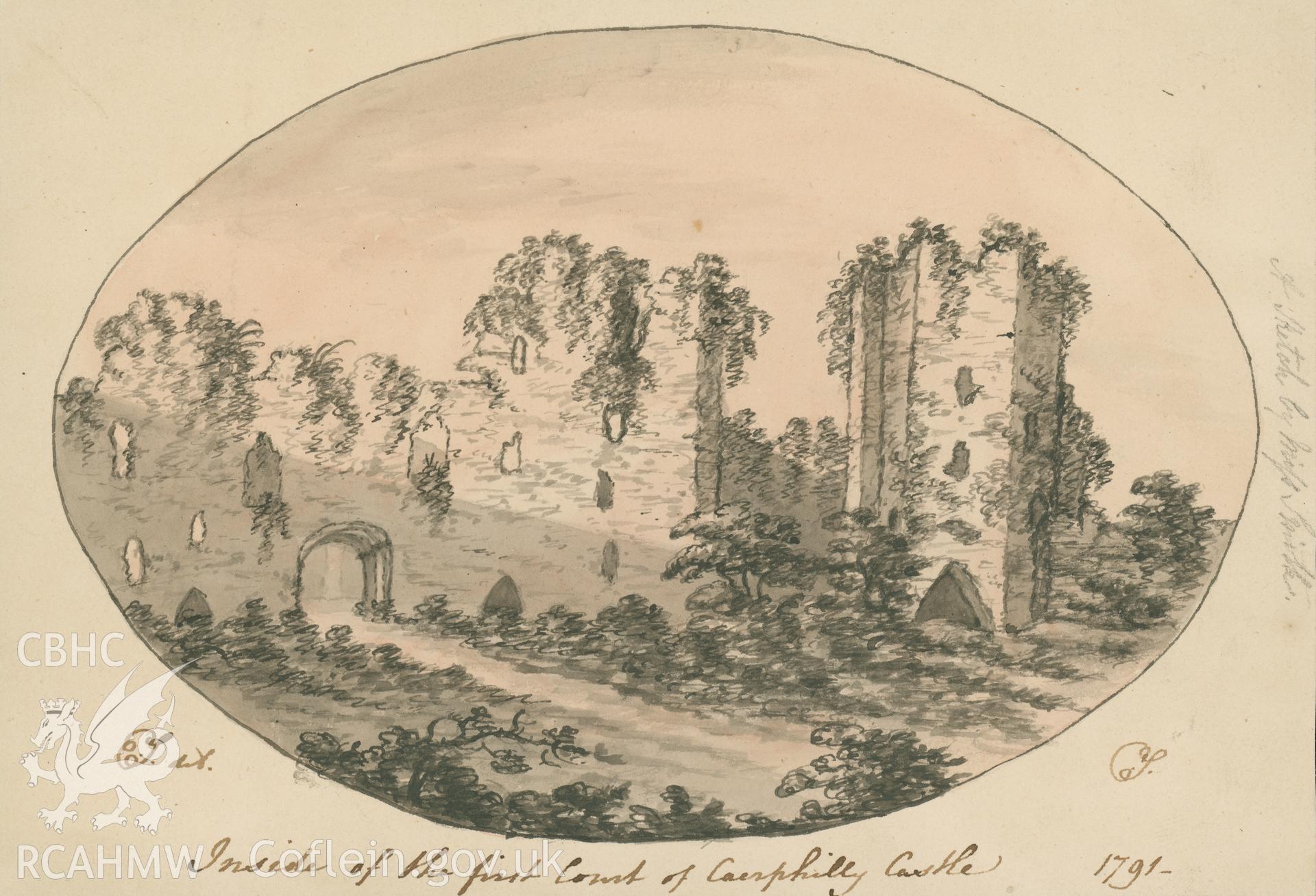 Digital copy of a sketch by Miss Smith entitled "Inside the first court of Caerphilly Castle " dated 1791