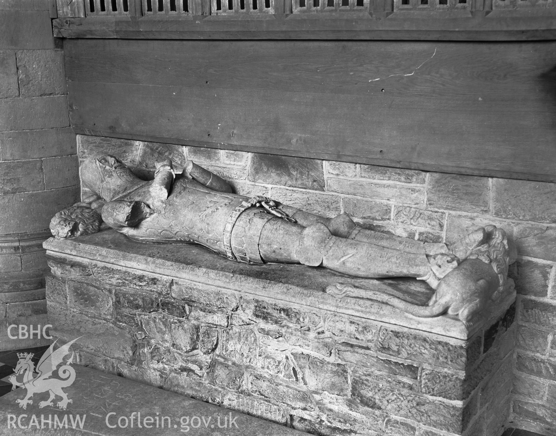Interior view showing effigy of knight in choir, south aisle (possibly Rhys ap Gruffydd)