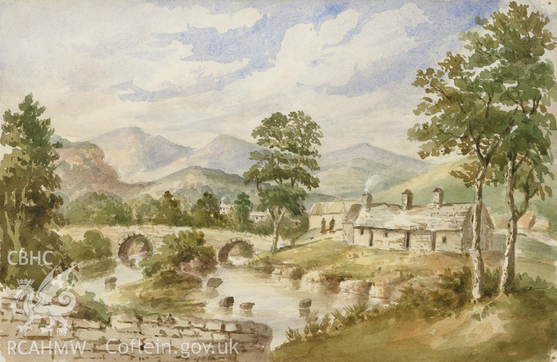 Digital copy of a watercolour showing Pont Rhiwaedog the hamlet of Rhos y Gwaliau painted by Mary Ann Malkin, 1846.