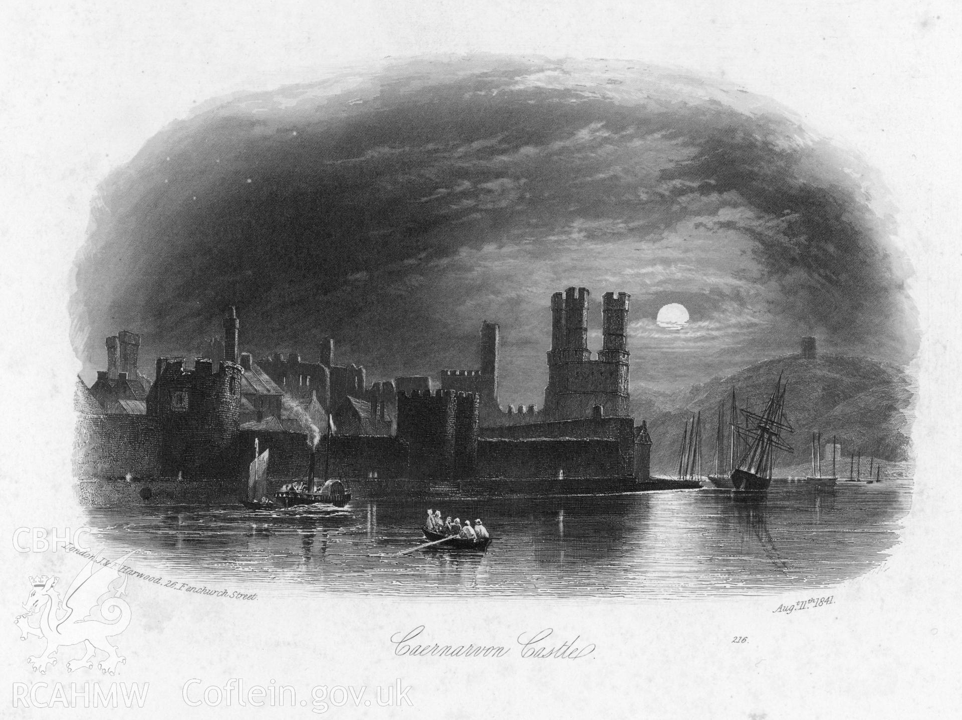 Caernarfon Castle; engraving showing the Eagle Tower at night, with ships and ferry in the foreground.