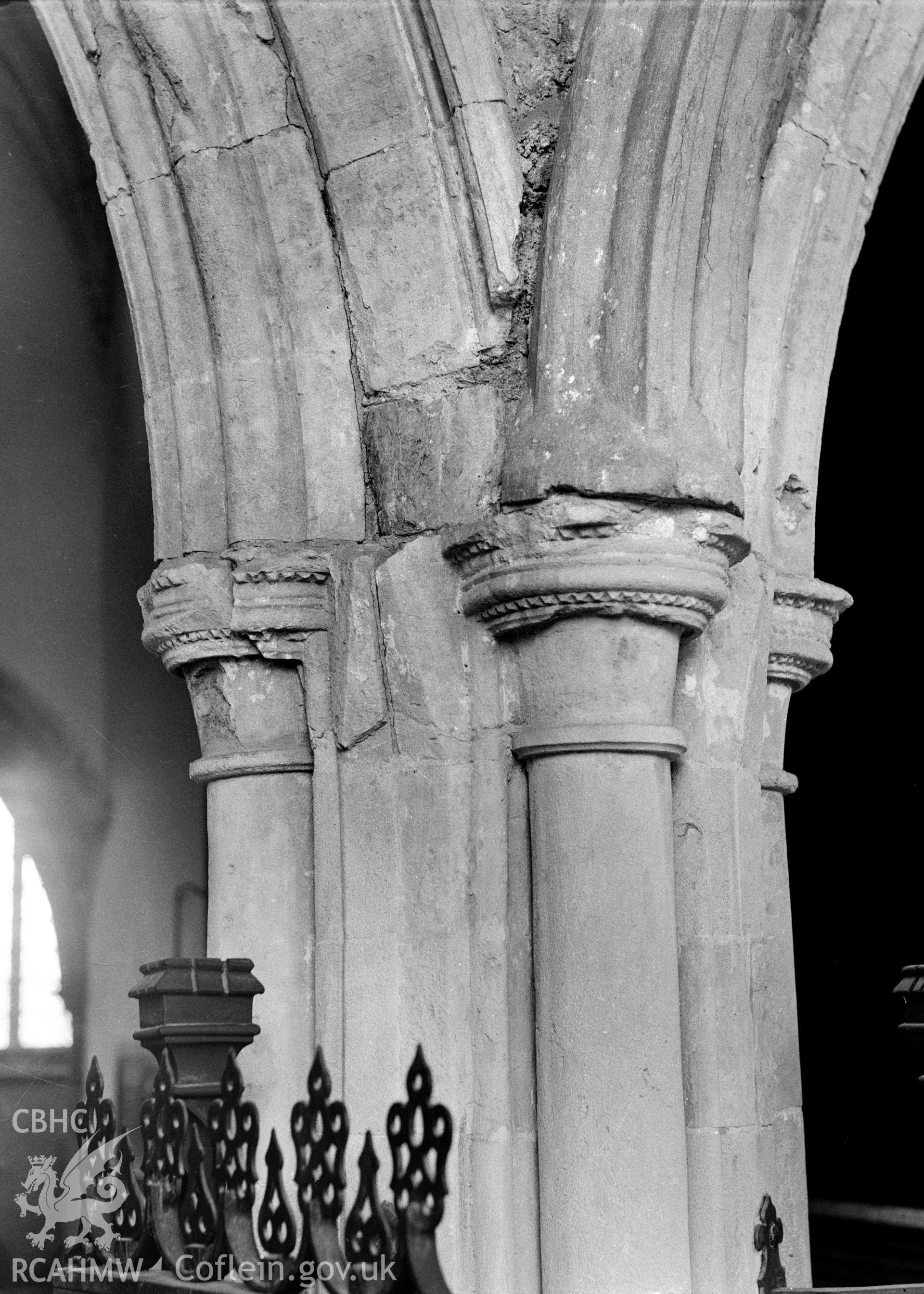 Interior view showing capital of pier in chapel.