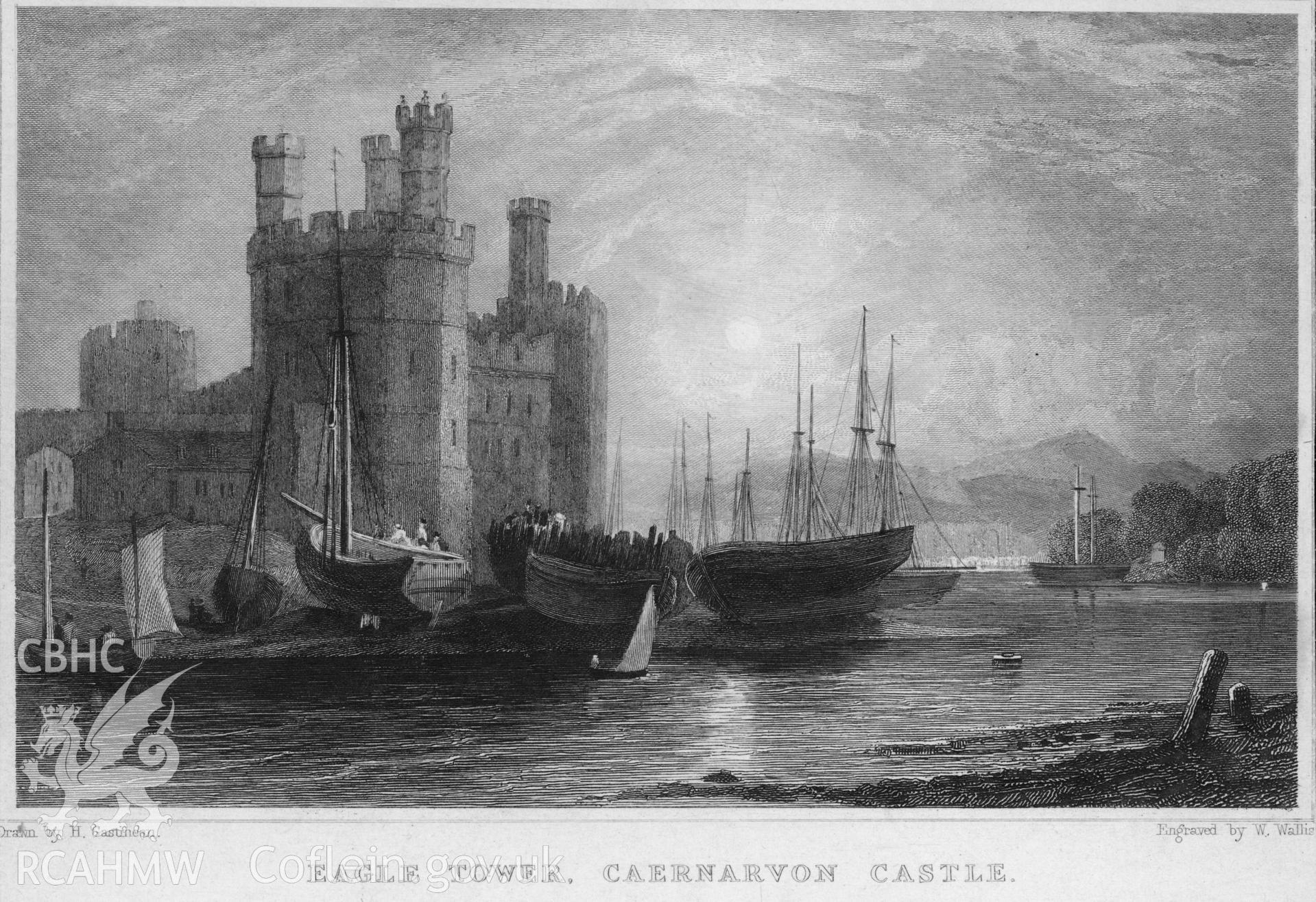 Caernarfon Castle; 1831 engraving showing eastern side of the entrance to Afon Seiont. with Caernarfon Castle in the background and a variety of sailing craft some hauled out.