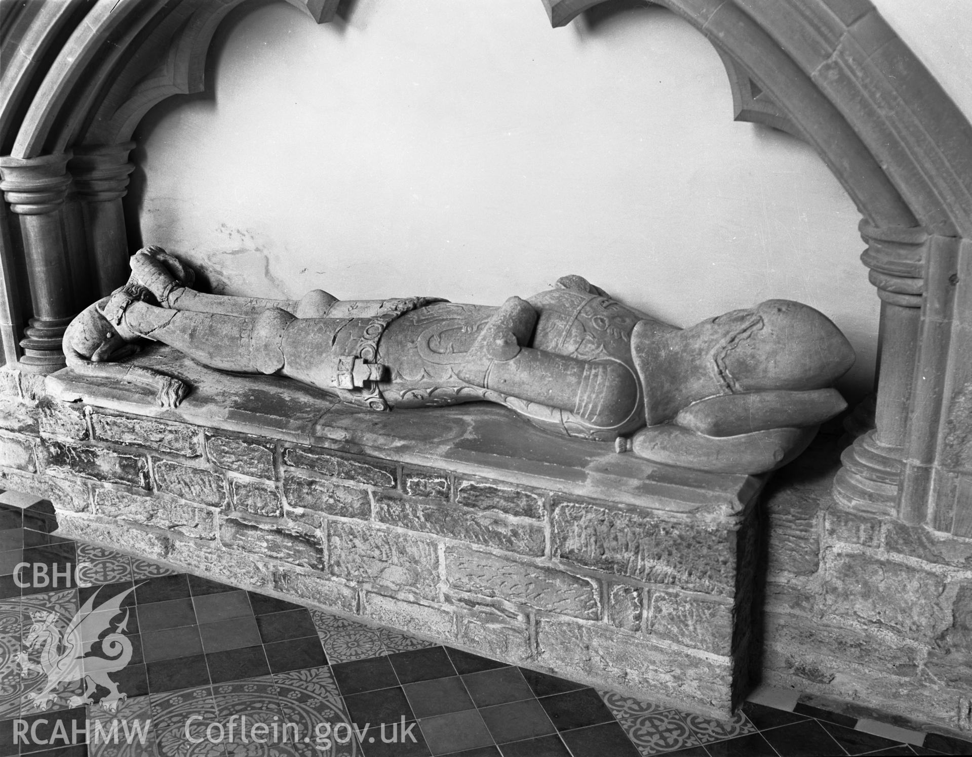 Interior view showing effigy of knight in choir, south aisle (possibly Rhys Gryg).