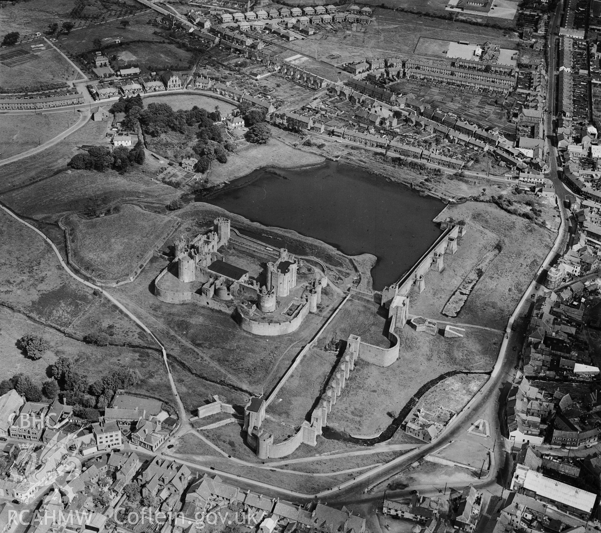 D.O.E photograph of Caerphilly Castle. Aerial. Duplicate neg ? Aerofilms.