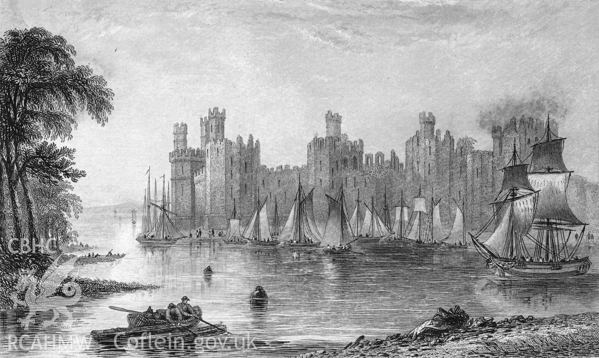 Caernarfon Castle; undated engraving showing quayside of the entrance to Afon Seiont. with Caernarfon Castle in the background and a variety of sailing craft with sails partially spread.