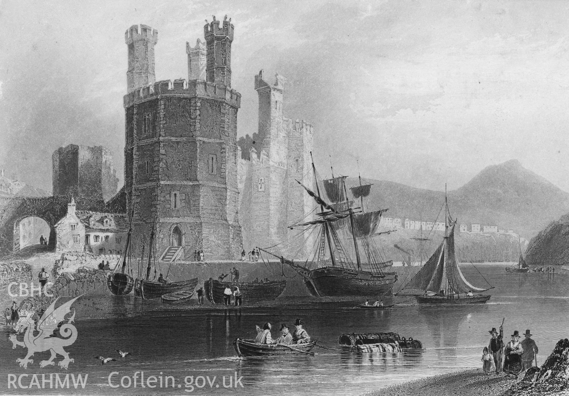 Caernarfon Castle; undated engraving showing the Eagle Tower, with ships and ferry in the foreground.