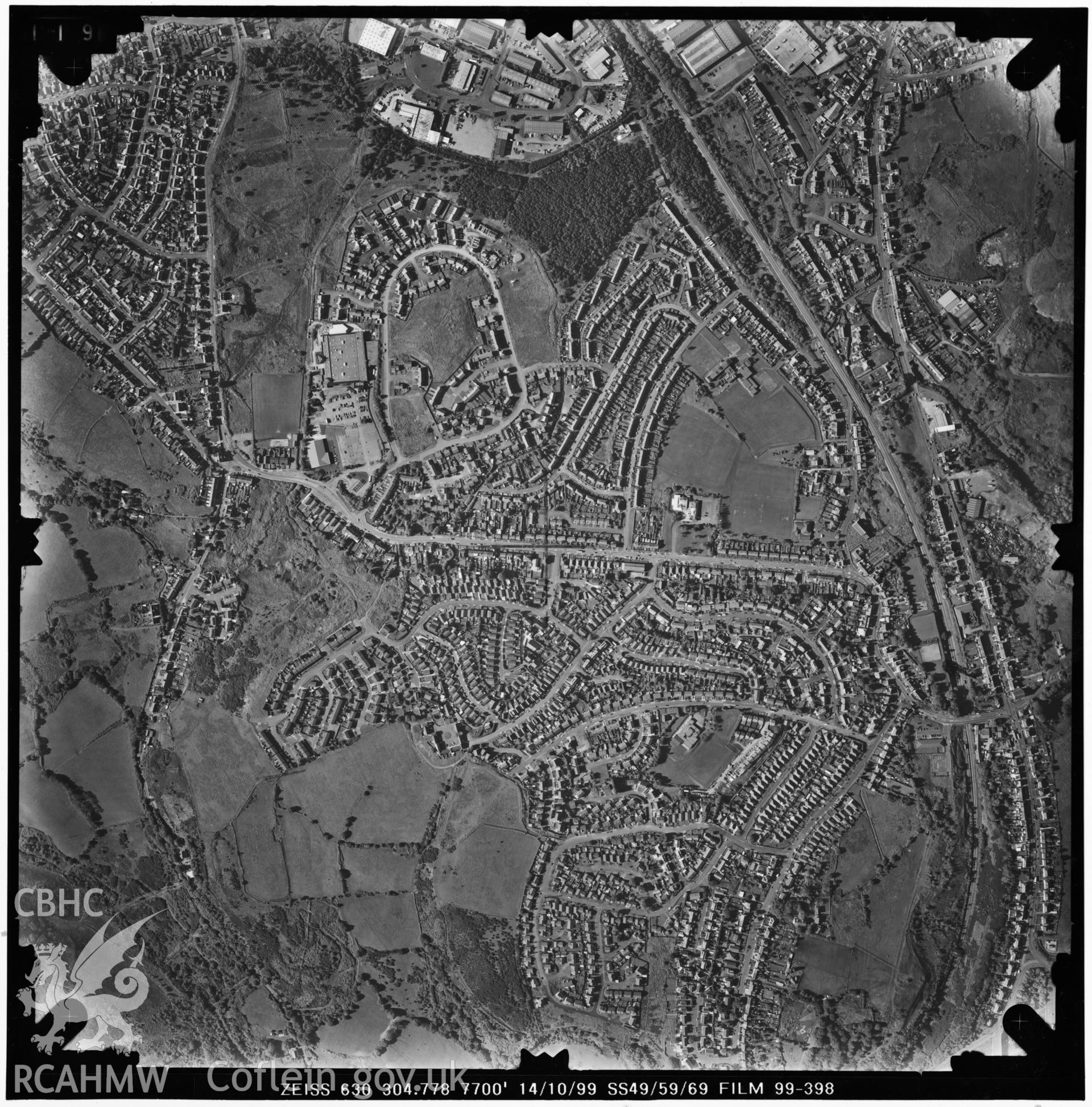 Digitized copy of an aerial photograph showing the Trallwn area of Swansea, taken by Ordnance Survey, Oct 1999.