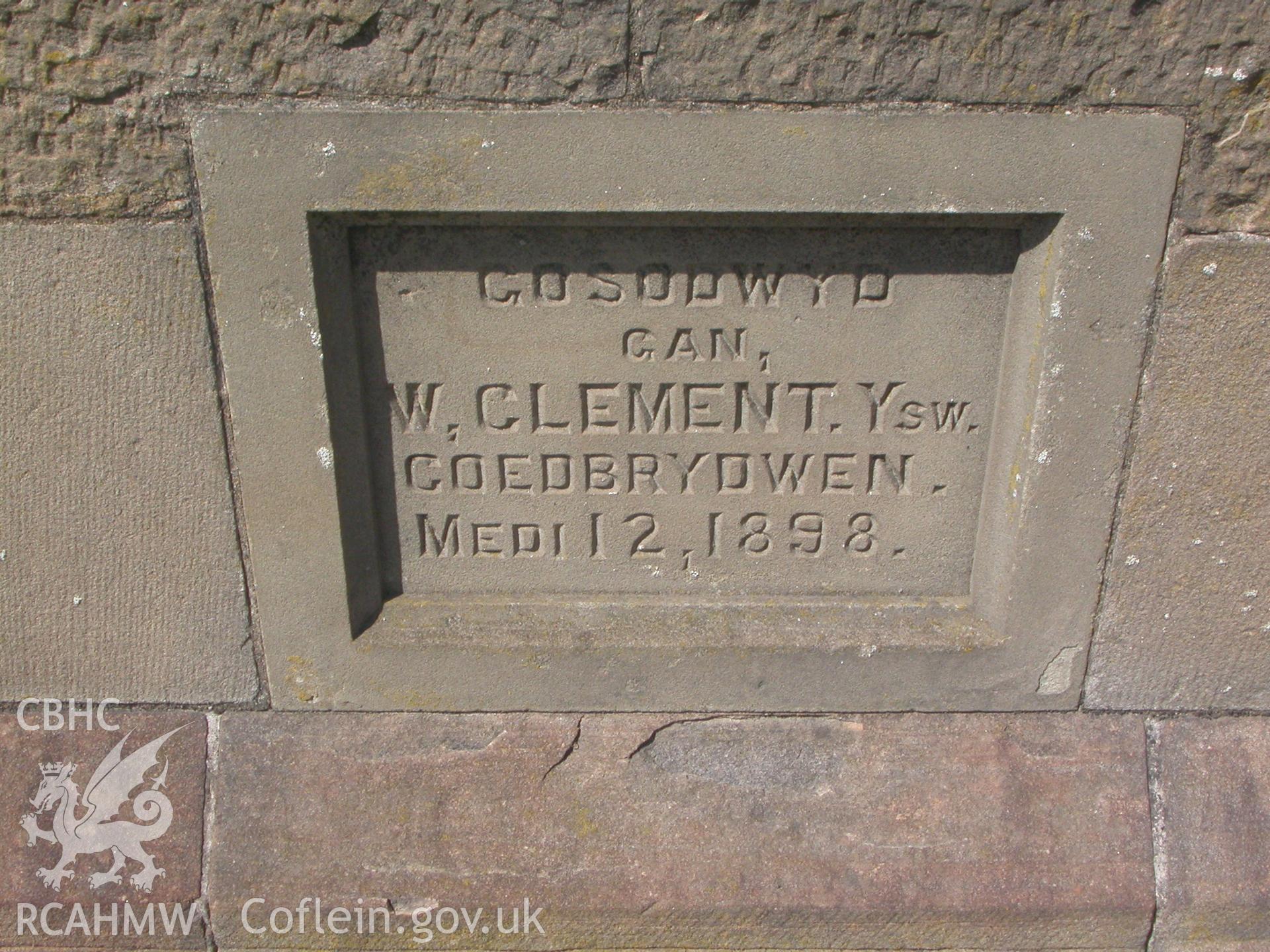 Foundation stone laid by C. Clement on base of 1898 chapel.