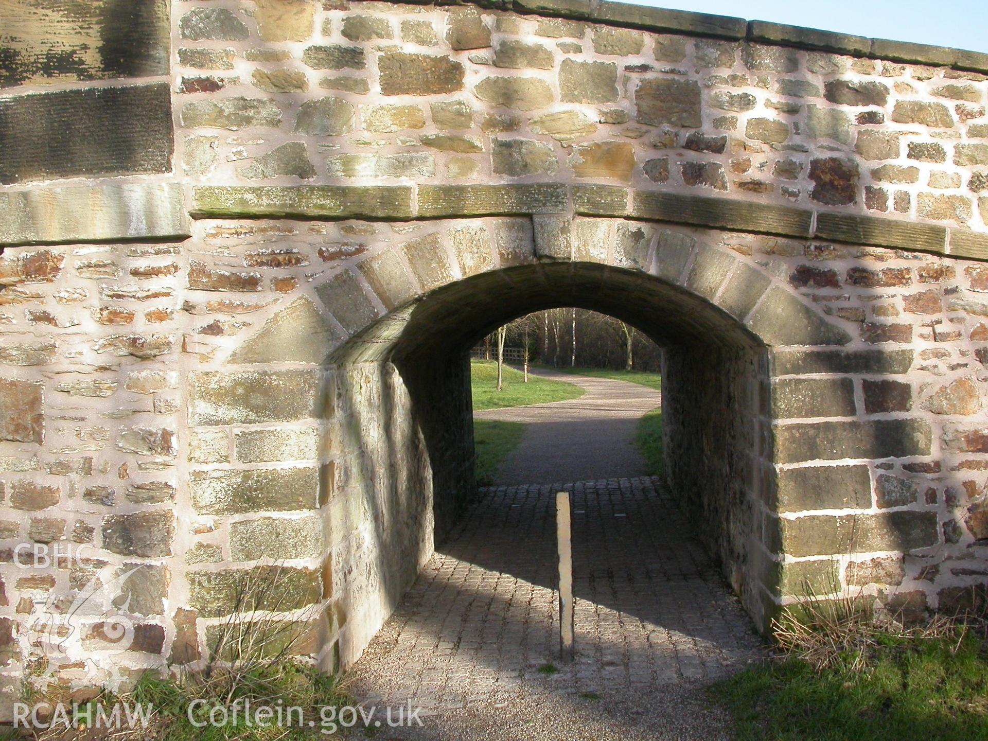 South-western elevation of pedestrian arch showing straight joint where it has been added to the main canal span to the left.