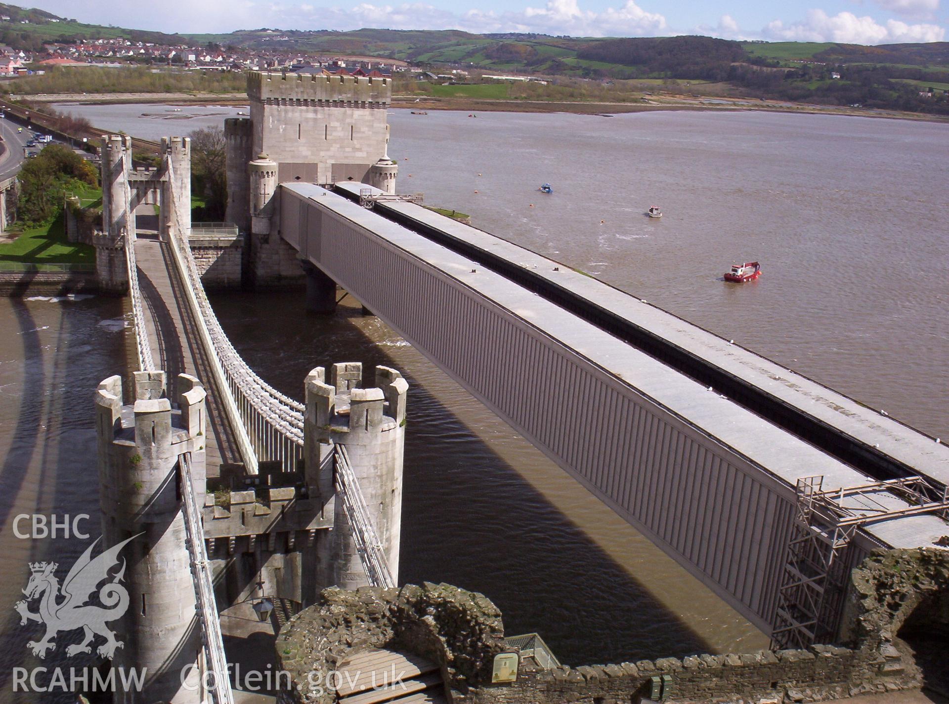 Two bridges and eastern bank of the River Conwy from top of the castle.