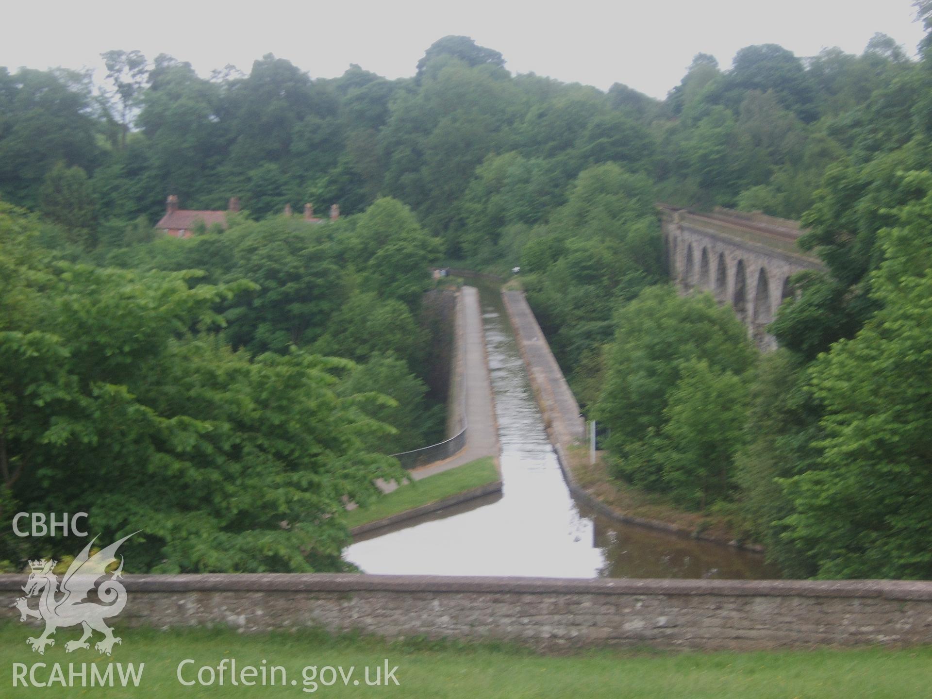 Chirk Viaduct deck and railway viaduct viewed from above the canal tunnel portal to the north.