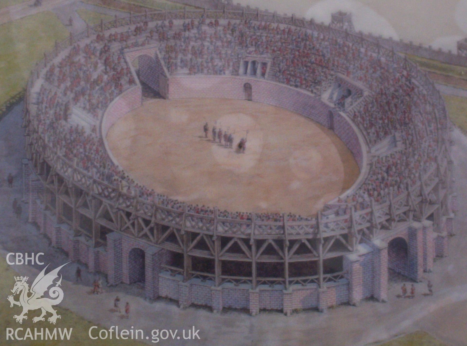 Reconstruction drawing of the amphitheatre on Cadw noticeboard.
