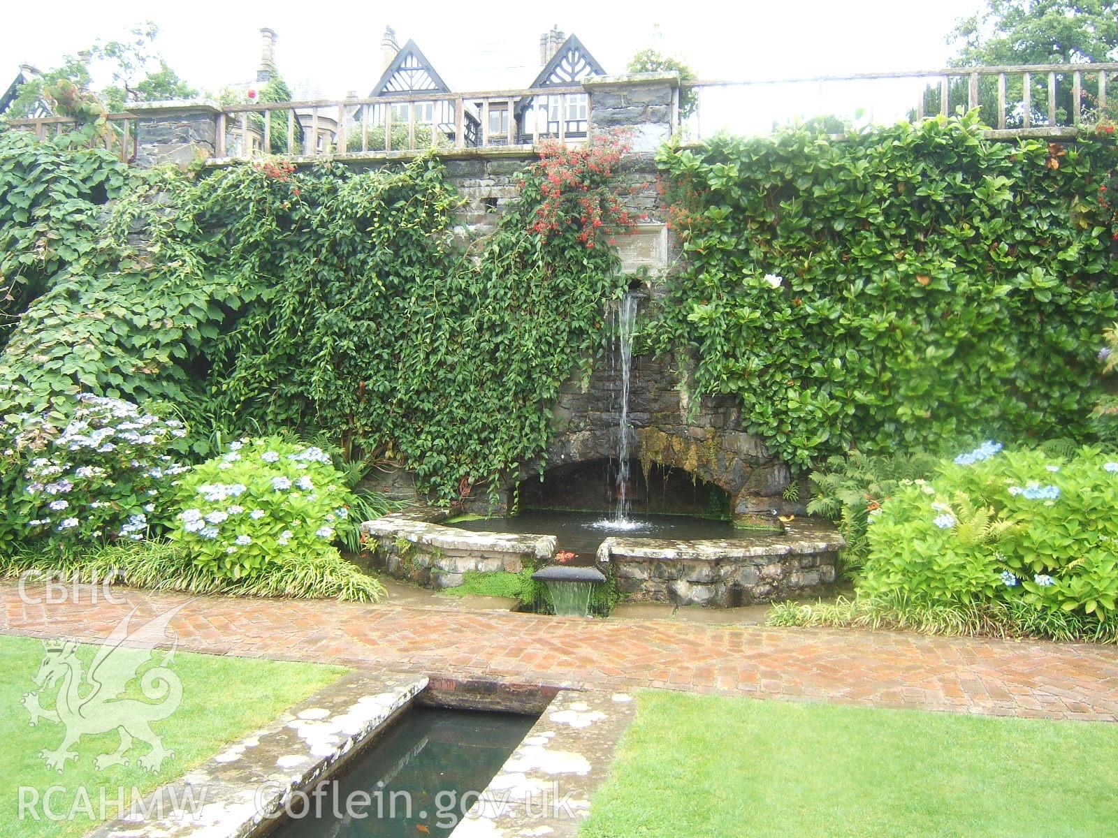 Lily Terrace water inlet, pool and rill with 1905 plaque above on north-east retaining wall to Croquet Terrace.
