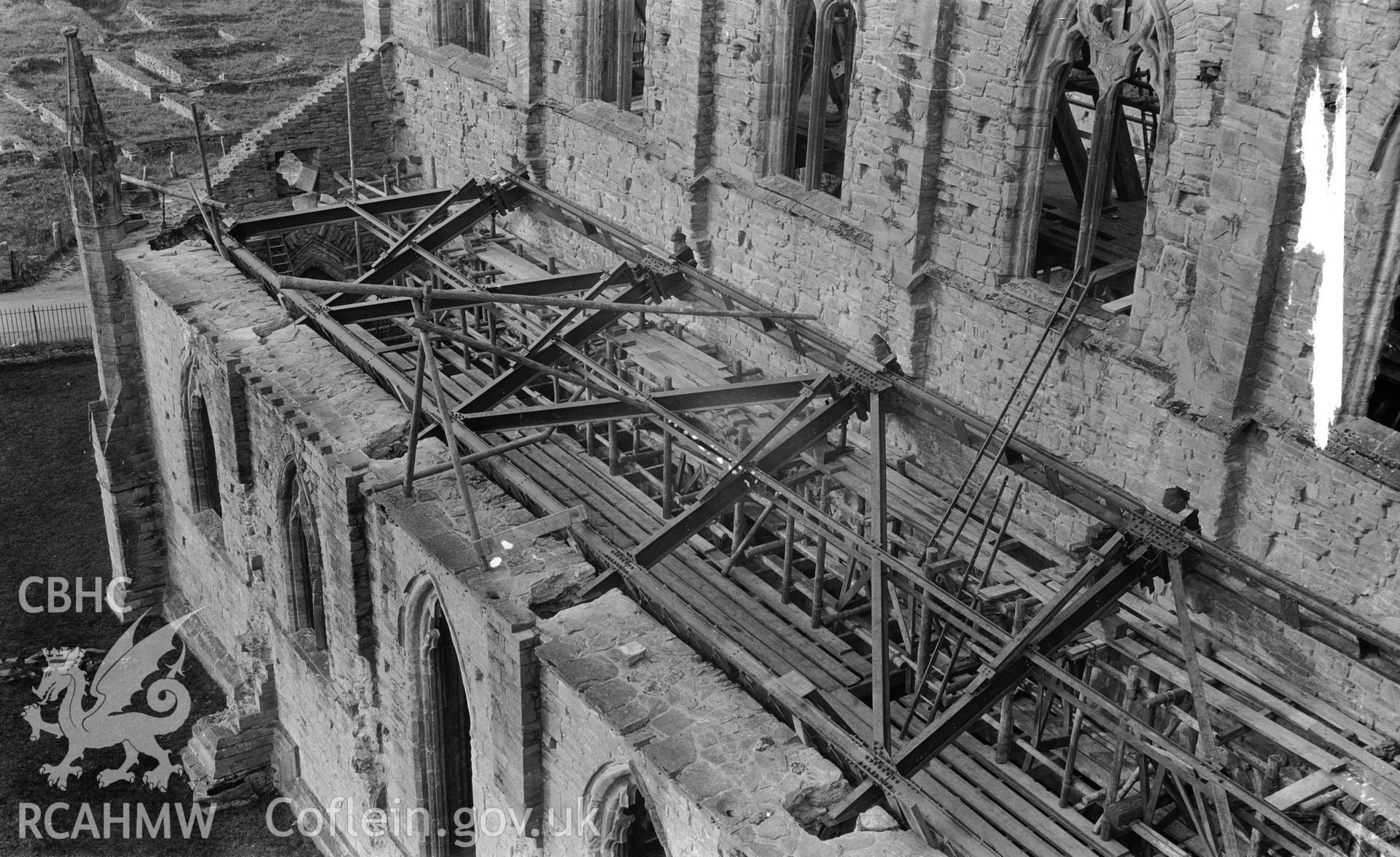 Photo showing reconstruction work at Tintern Abbey.