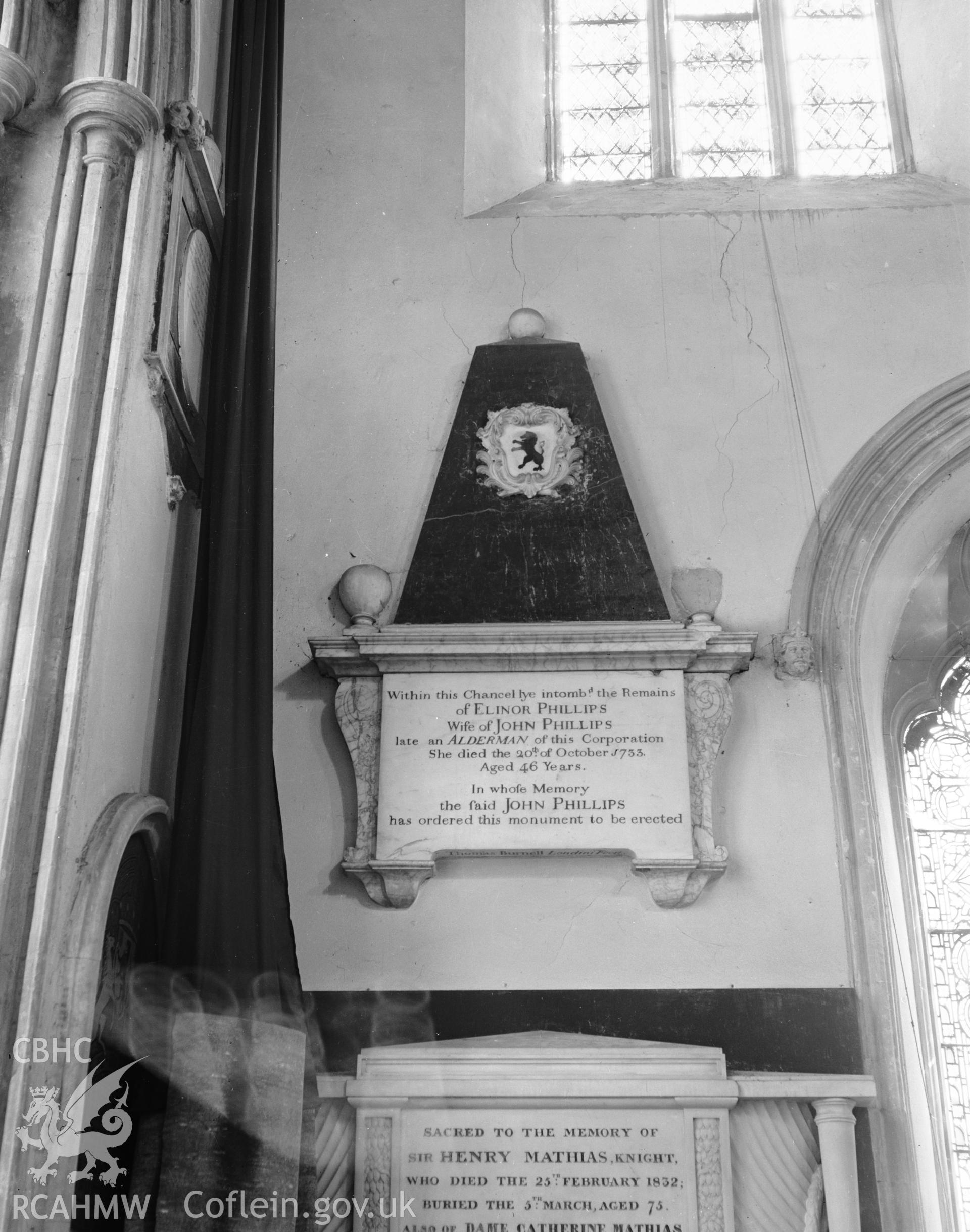 View of memorial on south wall of chancel at St Marys Church