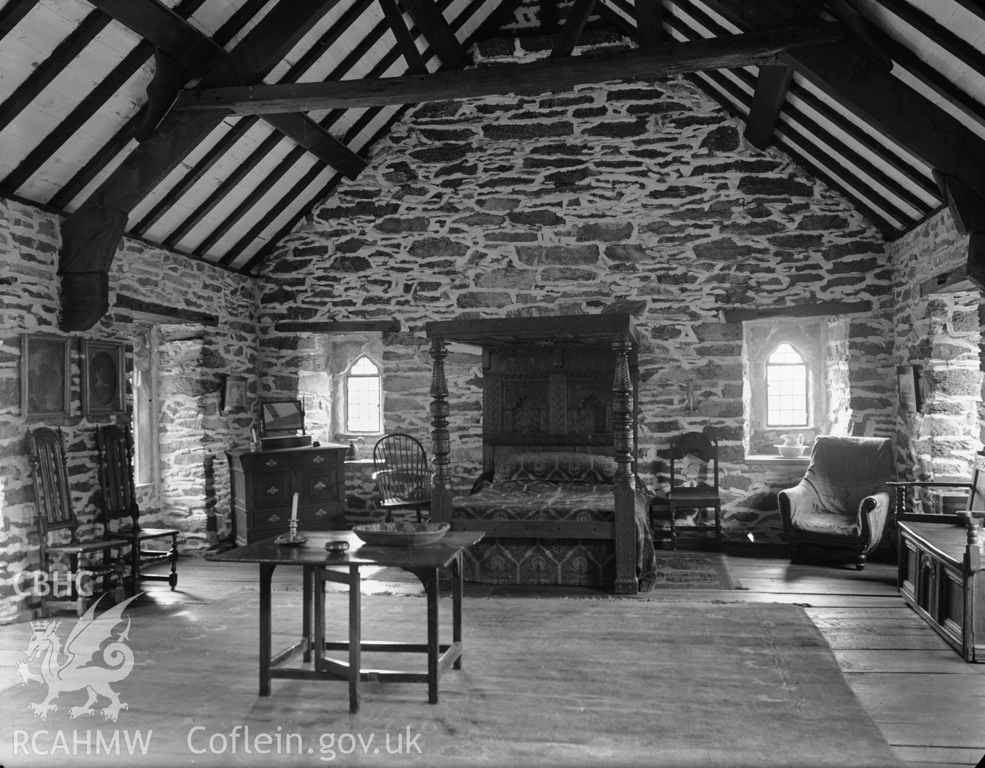 Interior view showing restored bedroom in the south-west wing, looking west.