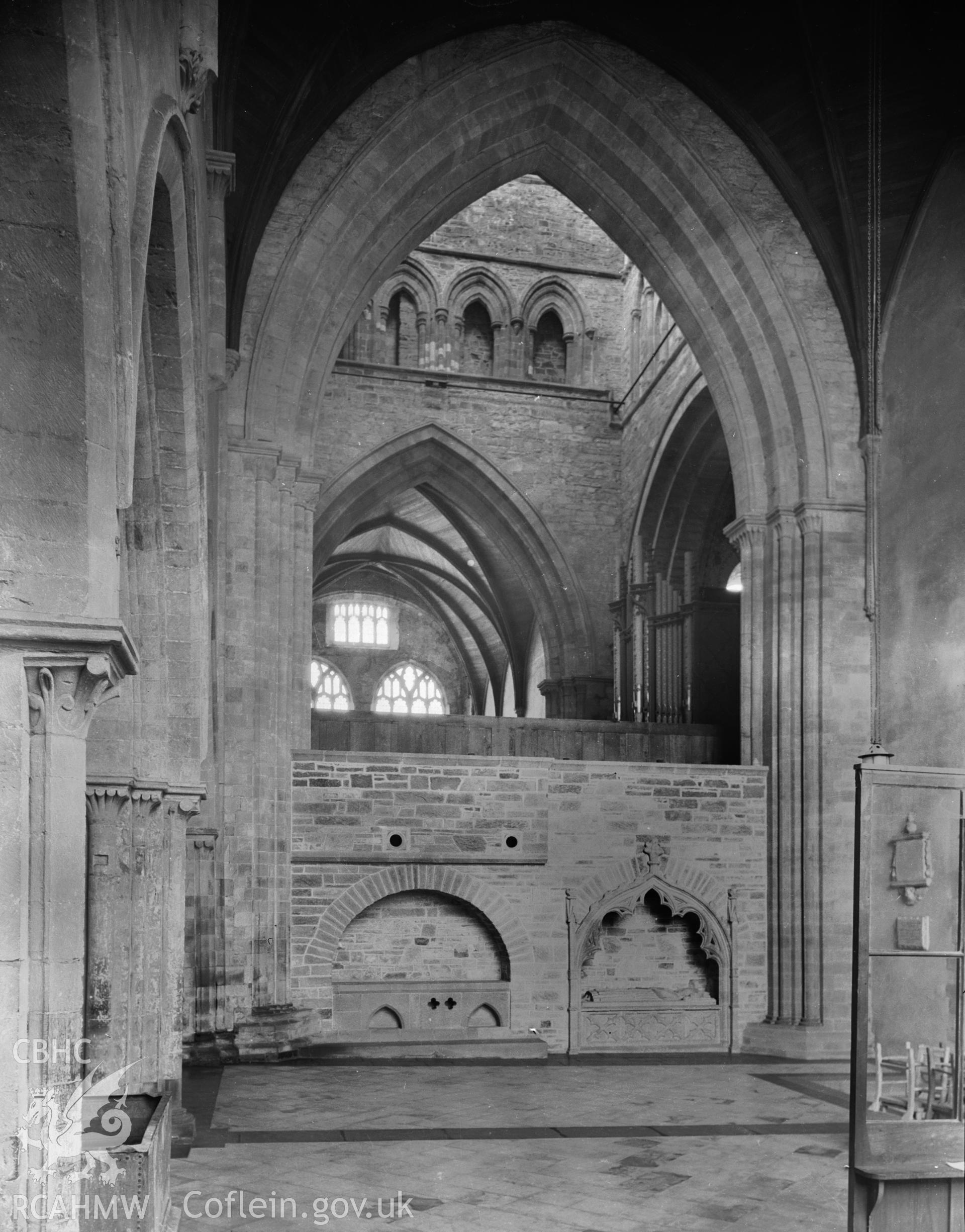 Interior view showing north tower arch from north transept.