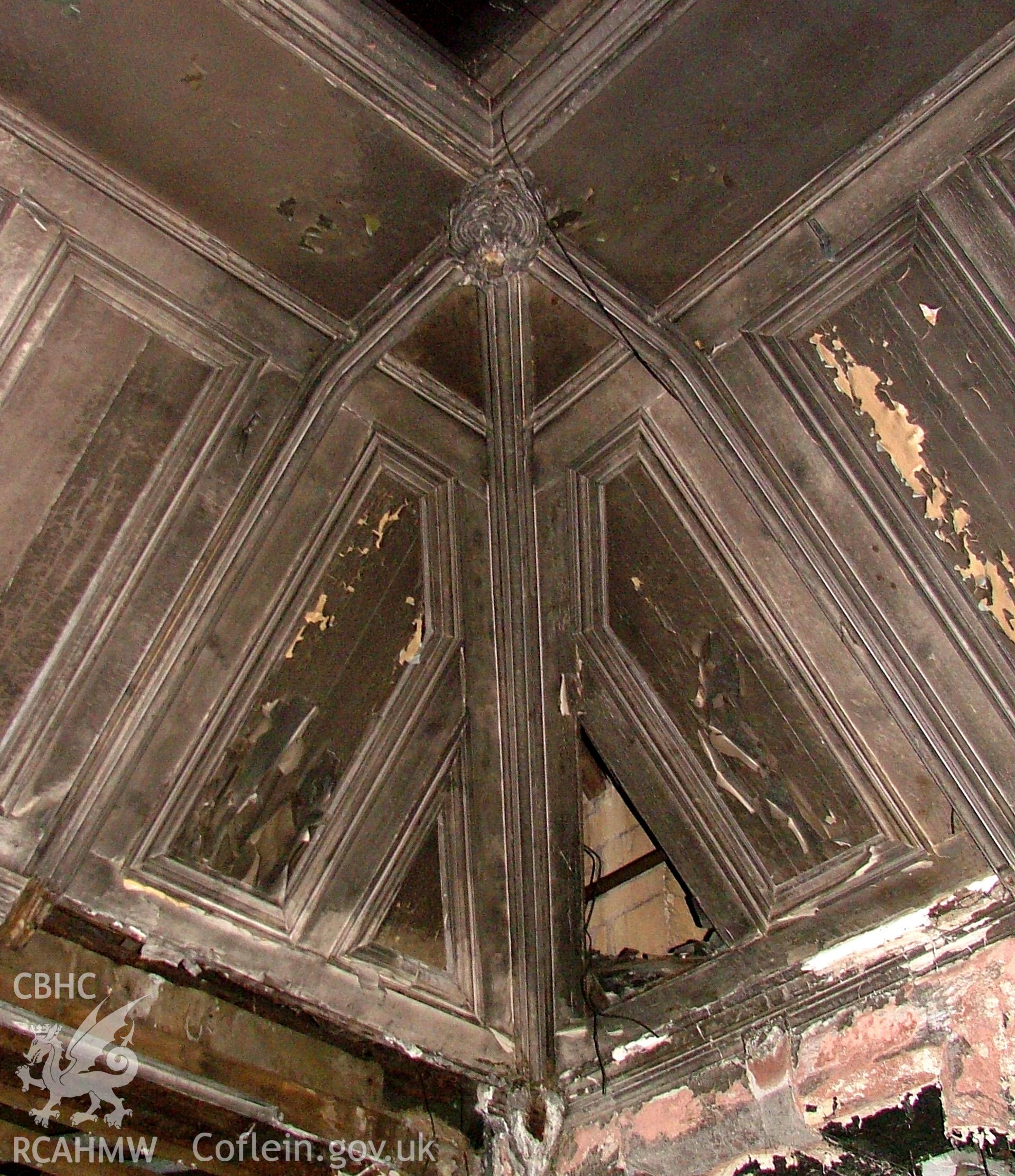Ceiling structure of the first floor hall at Malpas Court, detail of corner.