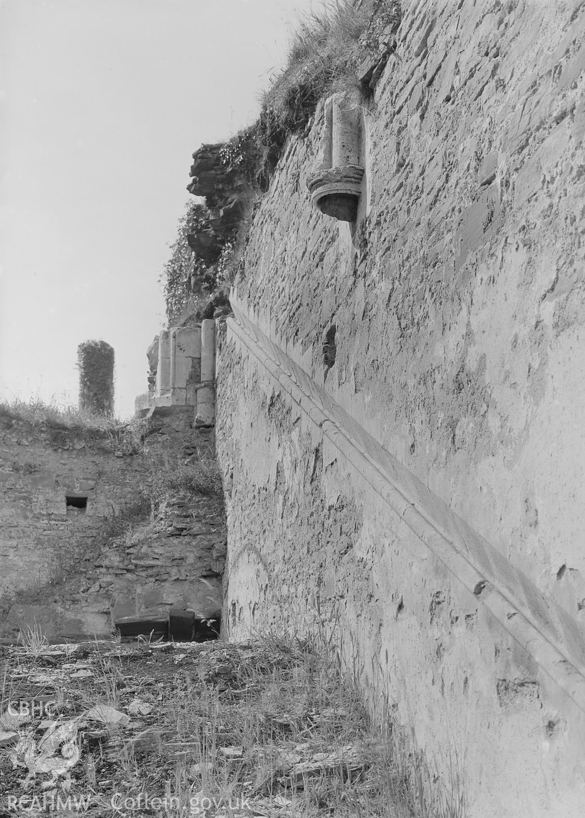 View of Neath Abbey showing handrail on the right staircase on the aisle, taken by Clayton pre-1950.