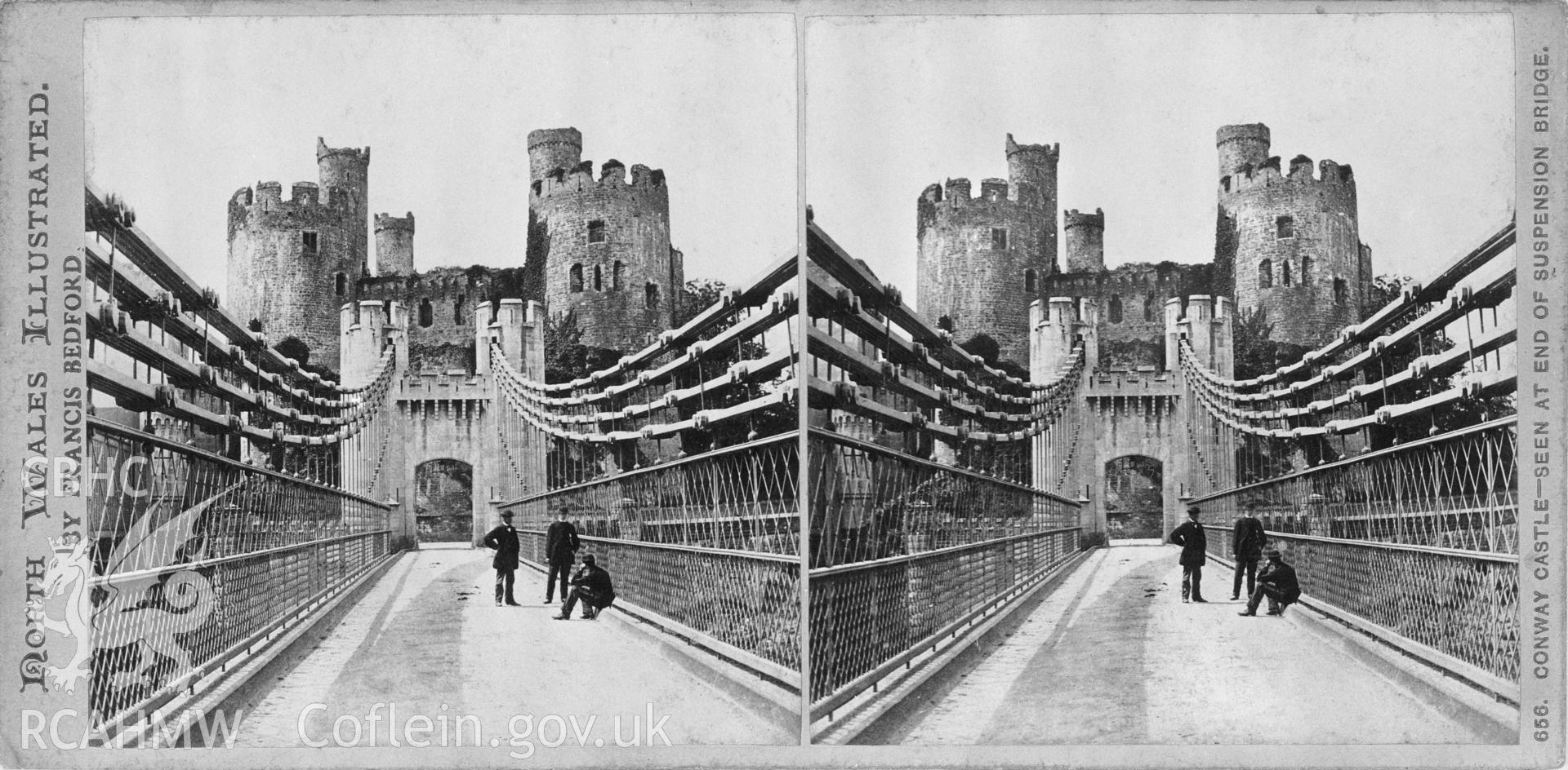 Stereoscopic view of Conway Castle seen from the suspension bridge by Francis Bedford of the North Wales Illustrated. Acetate.