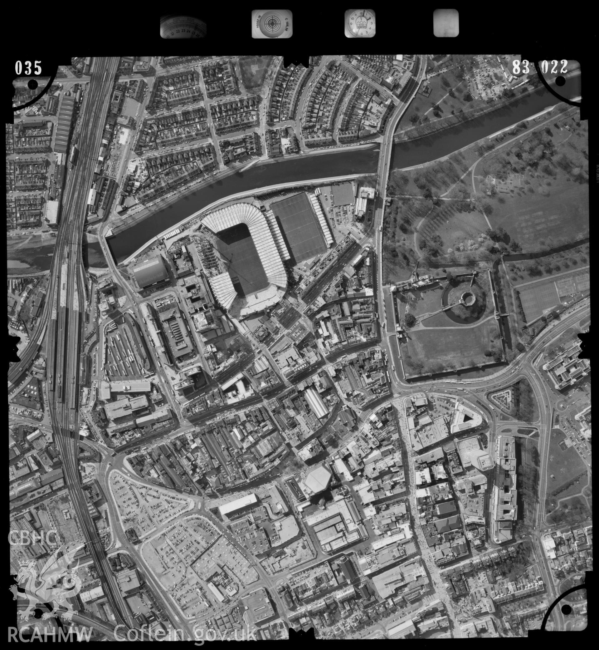 Digitized copy of an aerial photograph showing the Riverside area in Cardiff, taken by Ordnance Survey, 1983.