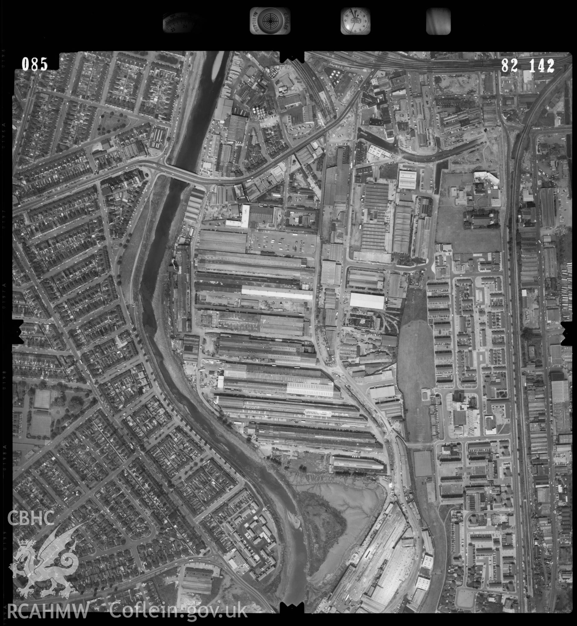 Digitized copy of an aerial photograph showing the Riverside area of Cardiff, taken by Ordnance Survey, 1982.