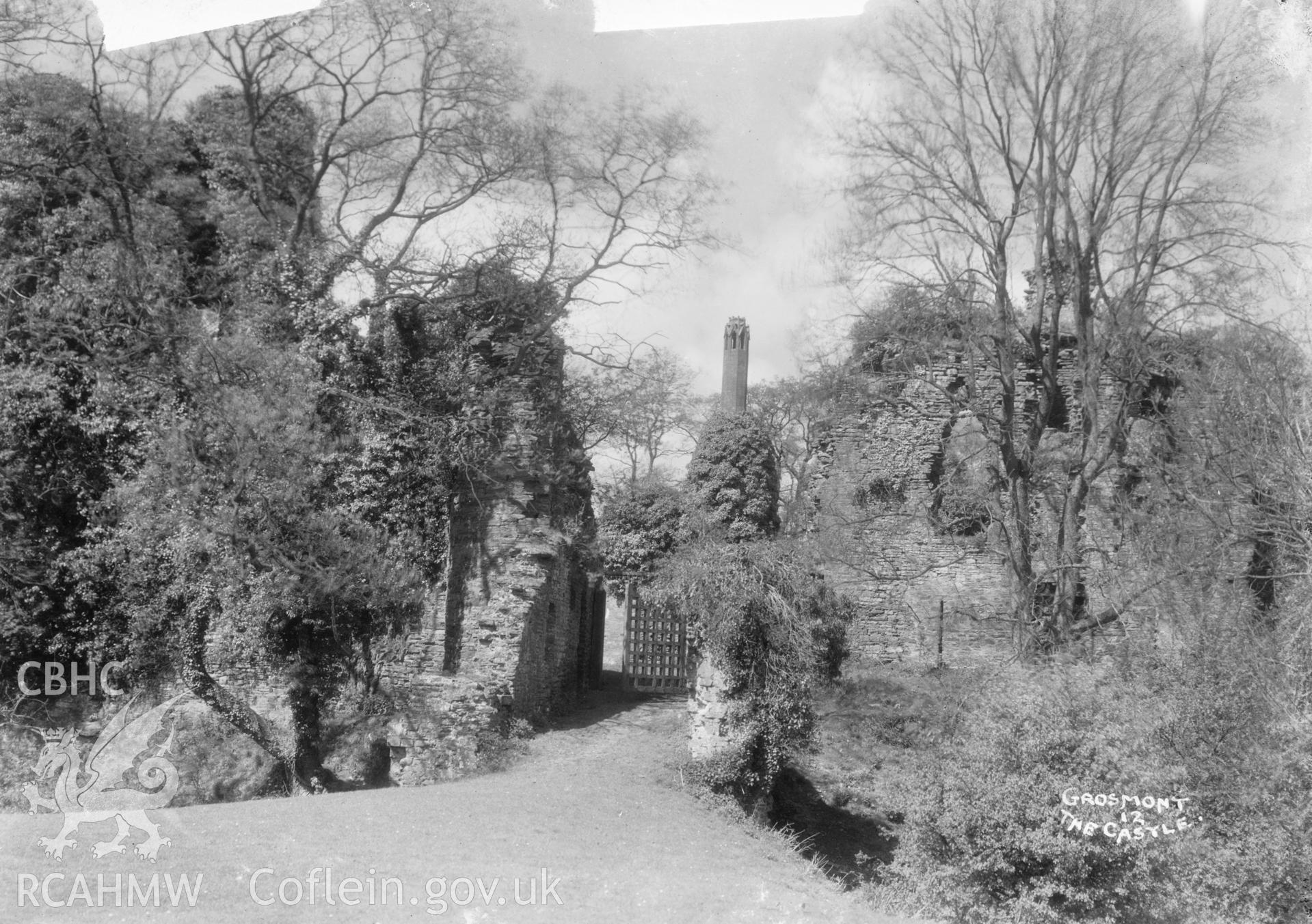 View of the entrance to Grosmont Castle grounds, taken by W A Call pre-1950.