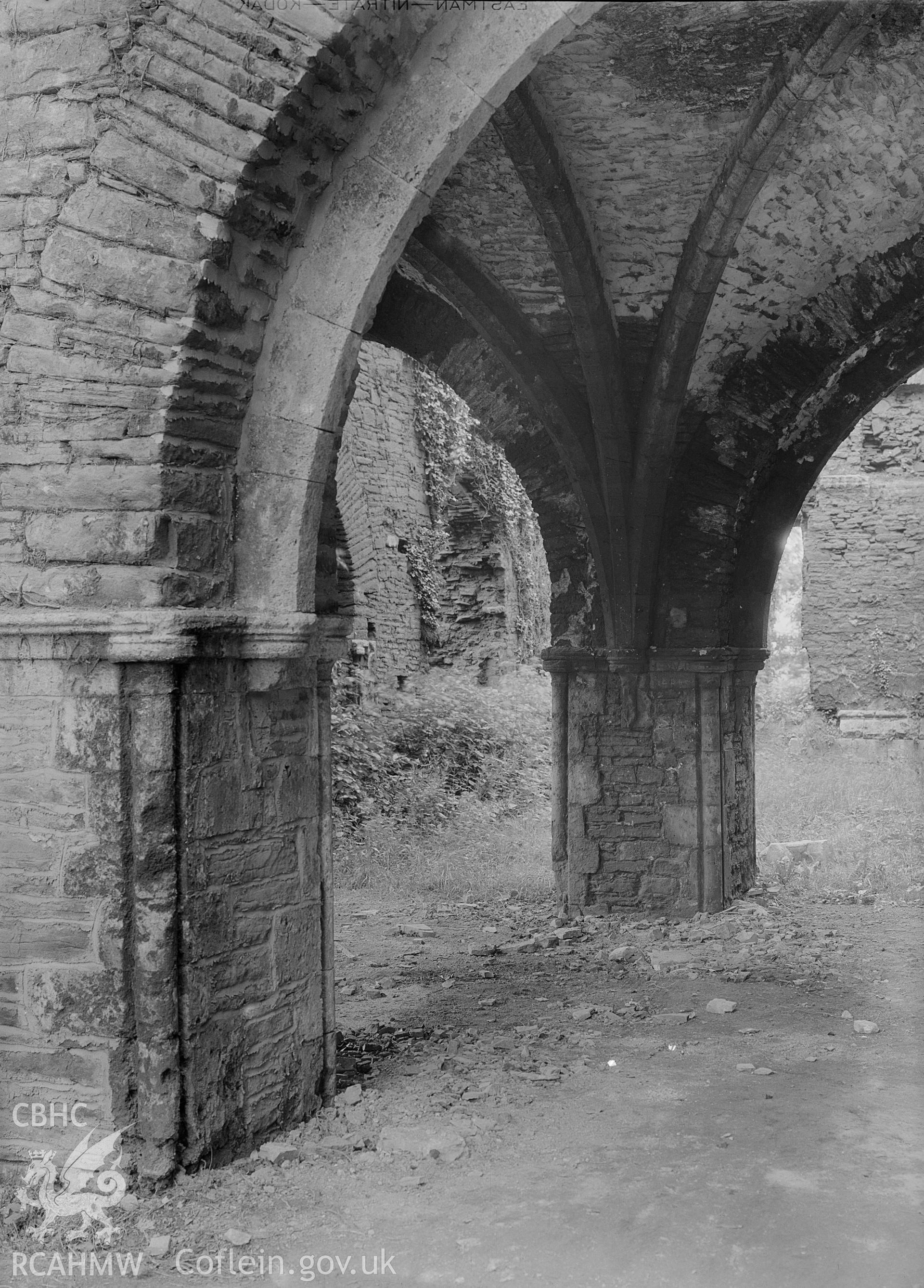 View of Neath Abbey showing vaulted ceiling, taken by Clayton pre-1950. Nitrate.