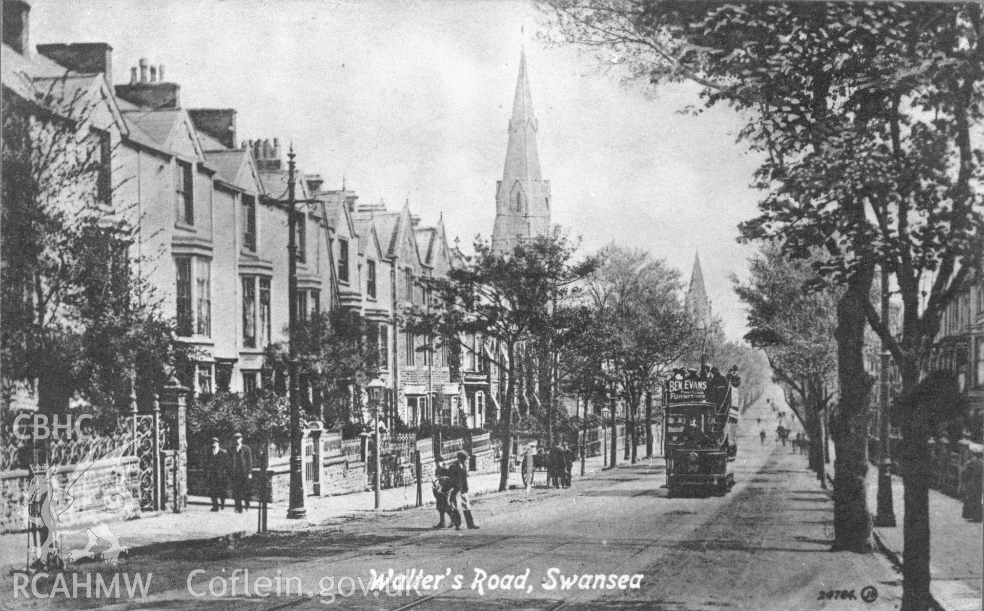 Copy of an early black and white photograph showing Walter Road, Swansea.
