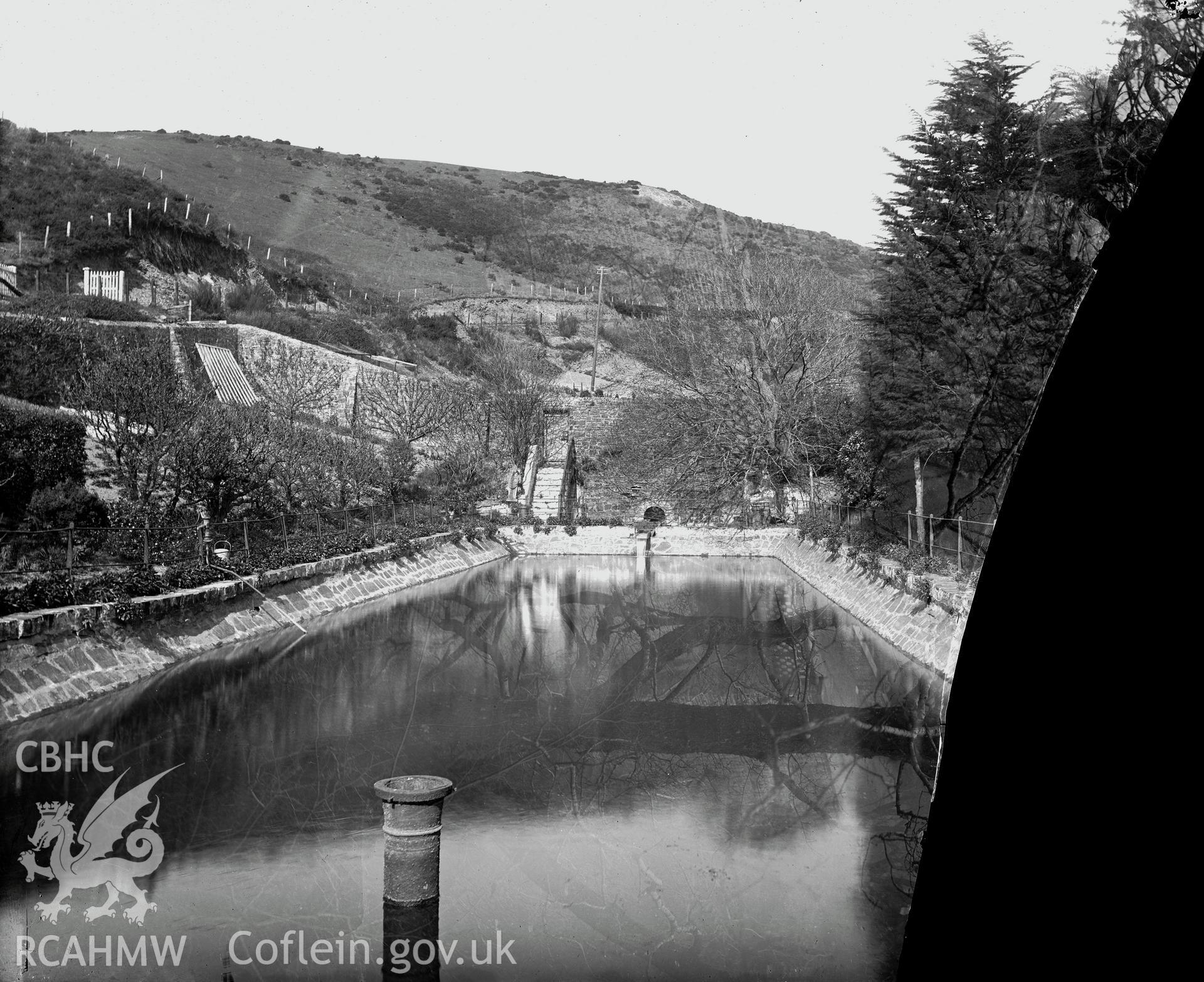 Black and white image dating from c.1910 showing Glyn y Gronfa Reservoir, Aberystwyth,  taken by Emile T. Evans.