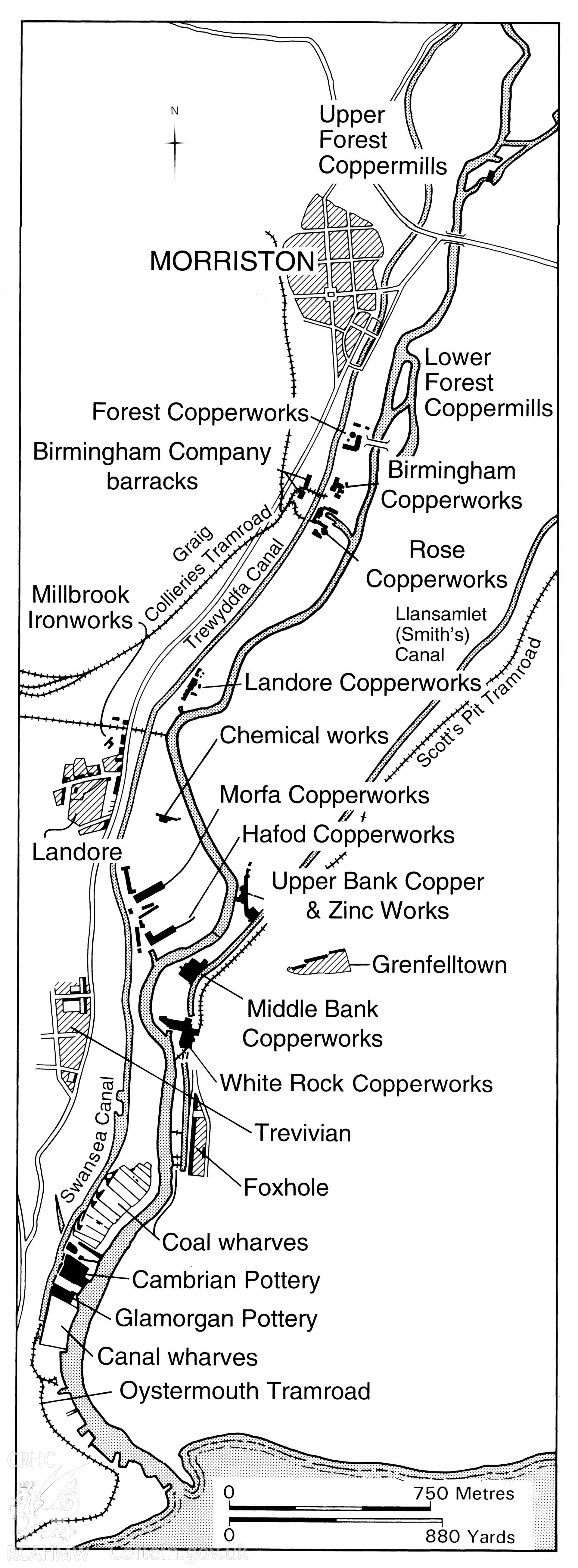 Map of the lower Swansea Valley area showing copper-smelting works in use in 1830-1840, as used in the RCAHMW publication "Copperopolis", p.15, fig. 28.
