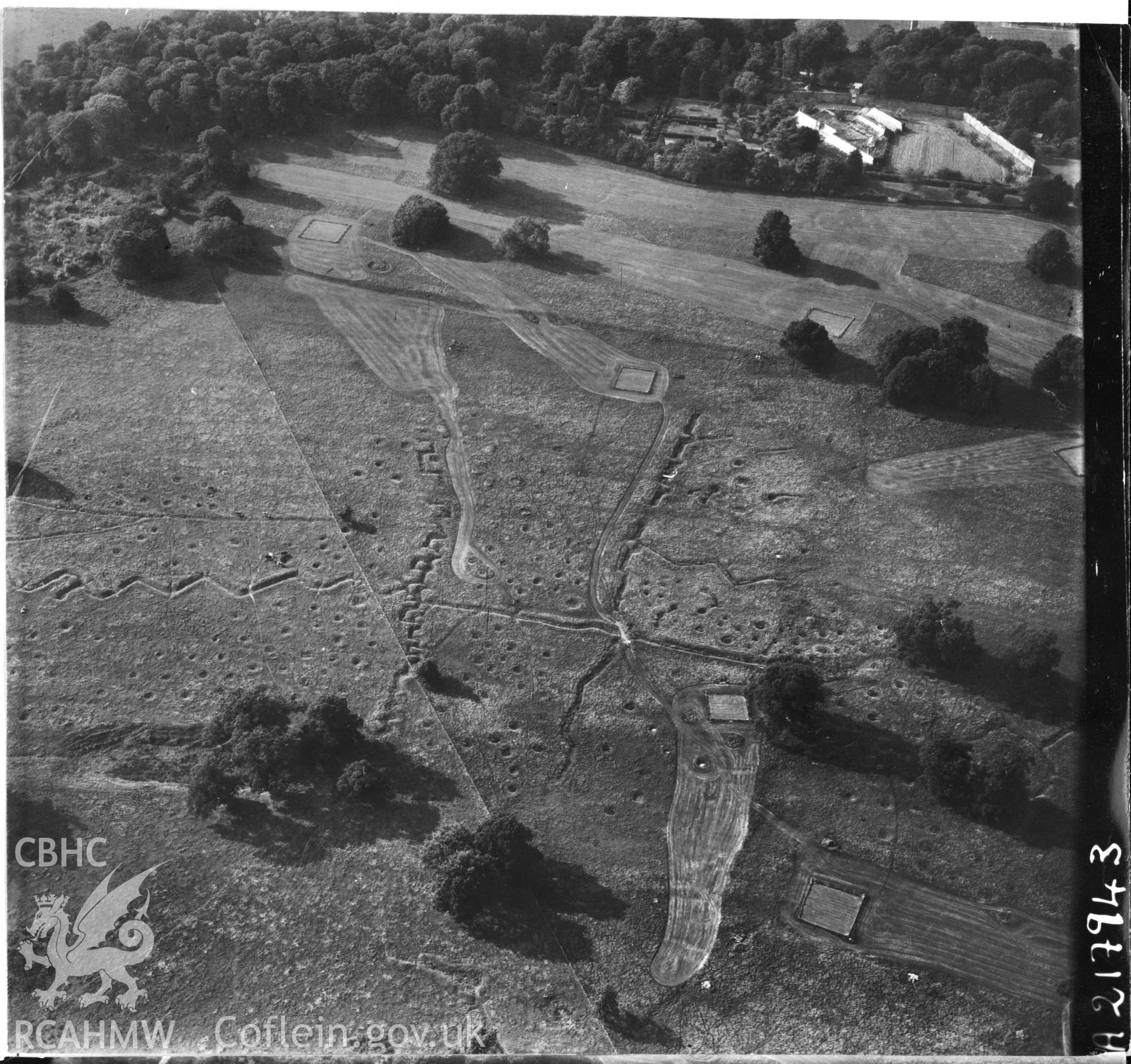 Digital copy of a black and white oblique aerial photograph showing practice trenches at Bodelwyddan.