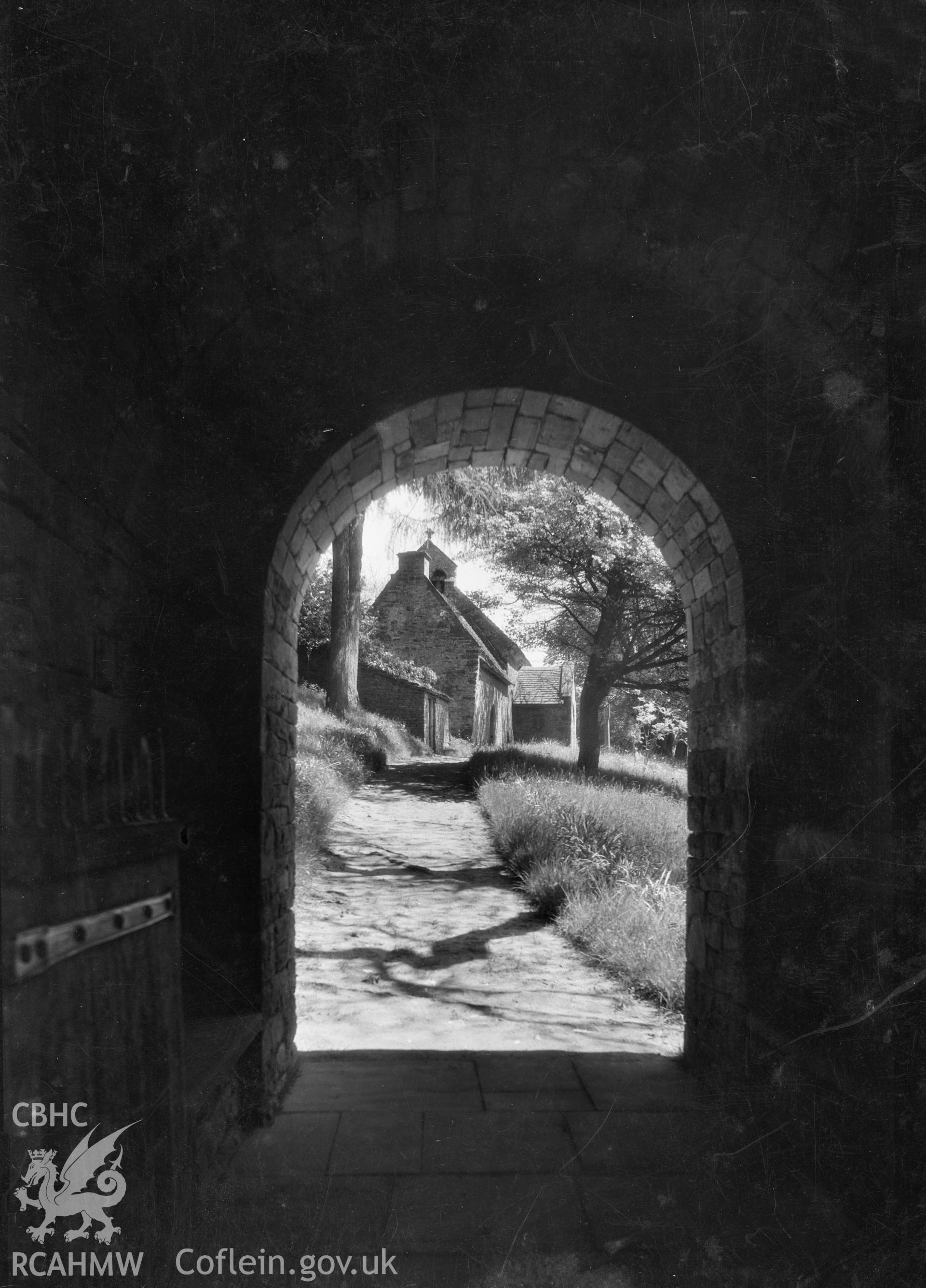 Interior view of Patrishow Church showing doorway,  taken by W A Call.