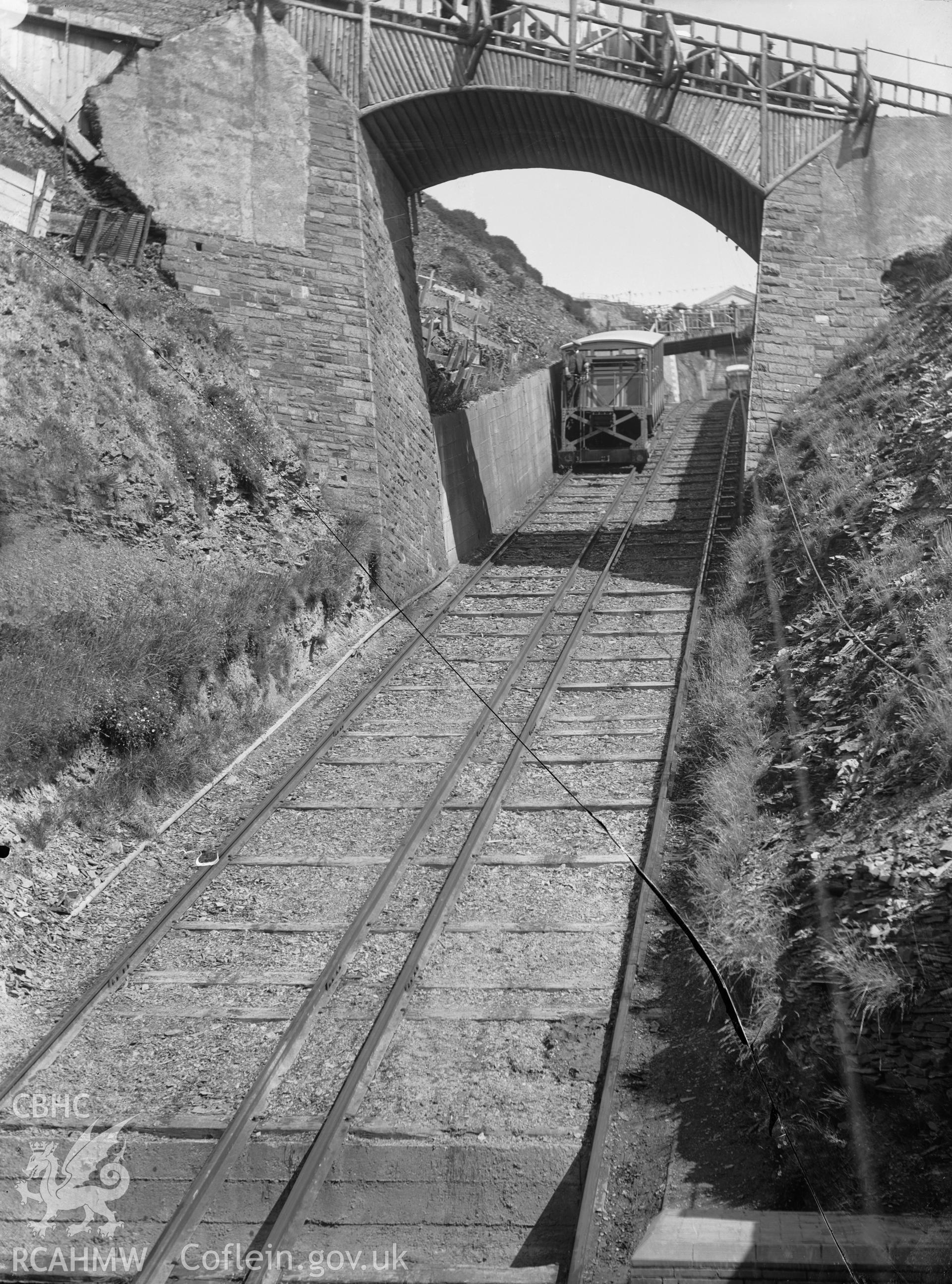 Black and white image dating from c.1910 showing a close-up view of the train on the Cliff Railway, Aberystwyth. (broken negative).